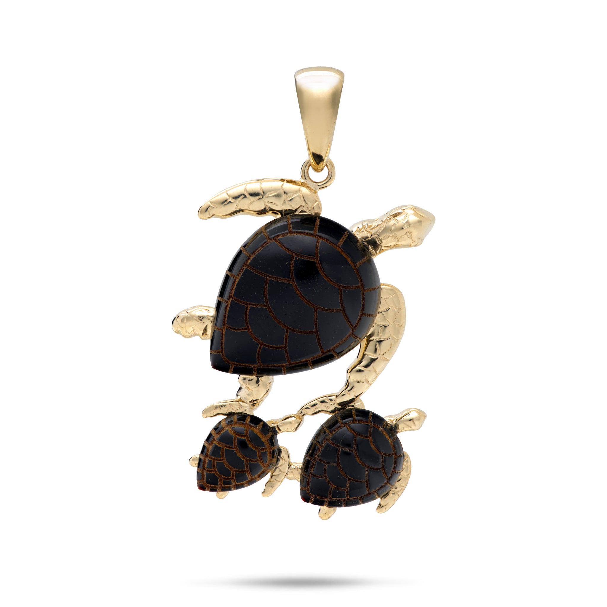 Honu (Sea Turtle) Family Hawaiian Black Coral Pendant in Gold - 31mm