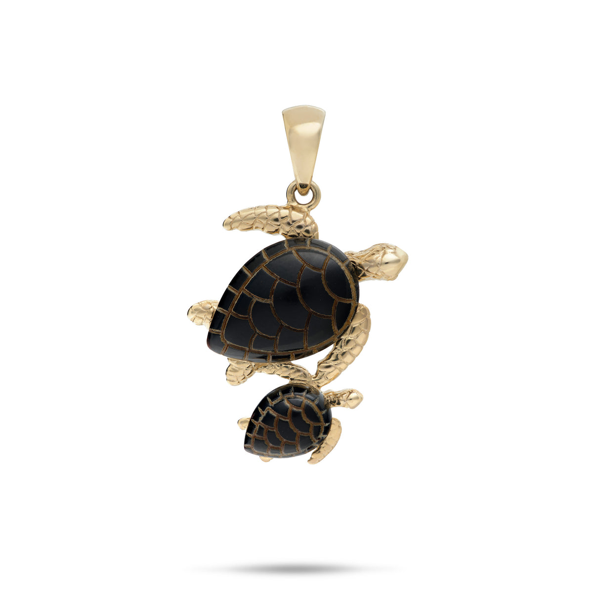 A 14k yellow gold Hawaiian green sea turtle mother and baby pendant with etched Hawaiian black coral as the shell and life-like high-polish gold detailing for the head and legs, shown on a white background