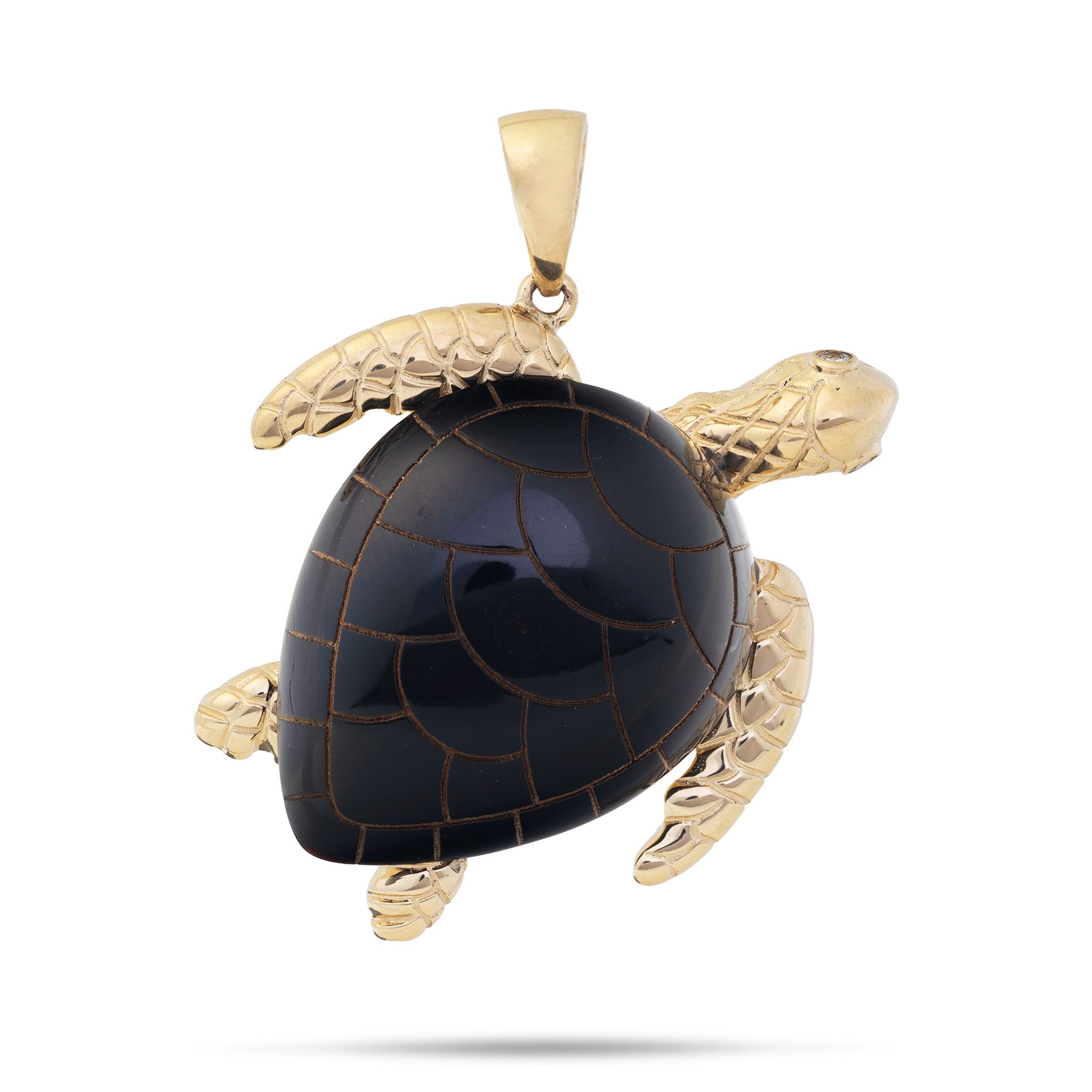 A 30mm 14k Yellow Gold Hawaiian Green Sea Turtle Pendant with diamond-accented eyes and a lustrous Hawaiian black coral design for the shell with laser etching, shown on a white background
