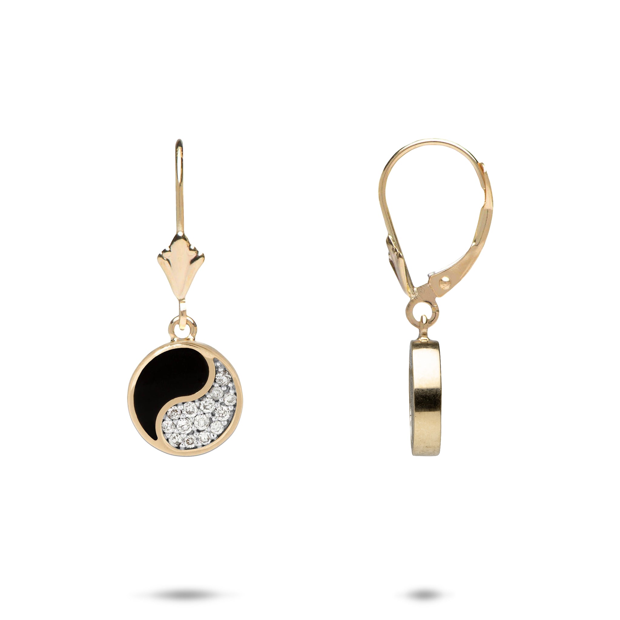 Yin Yang Black Coral Earrings in Gold with Diamonds - 10mm