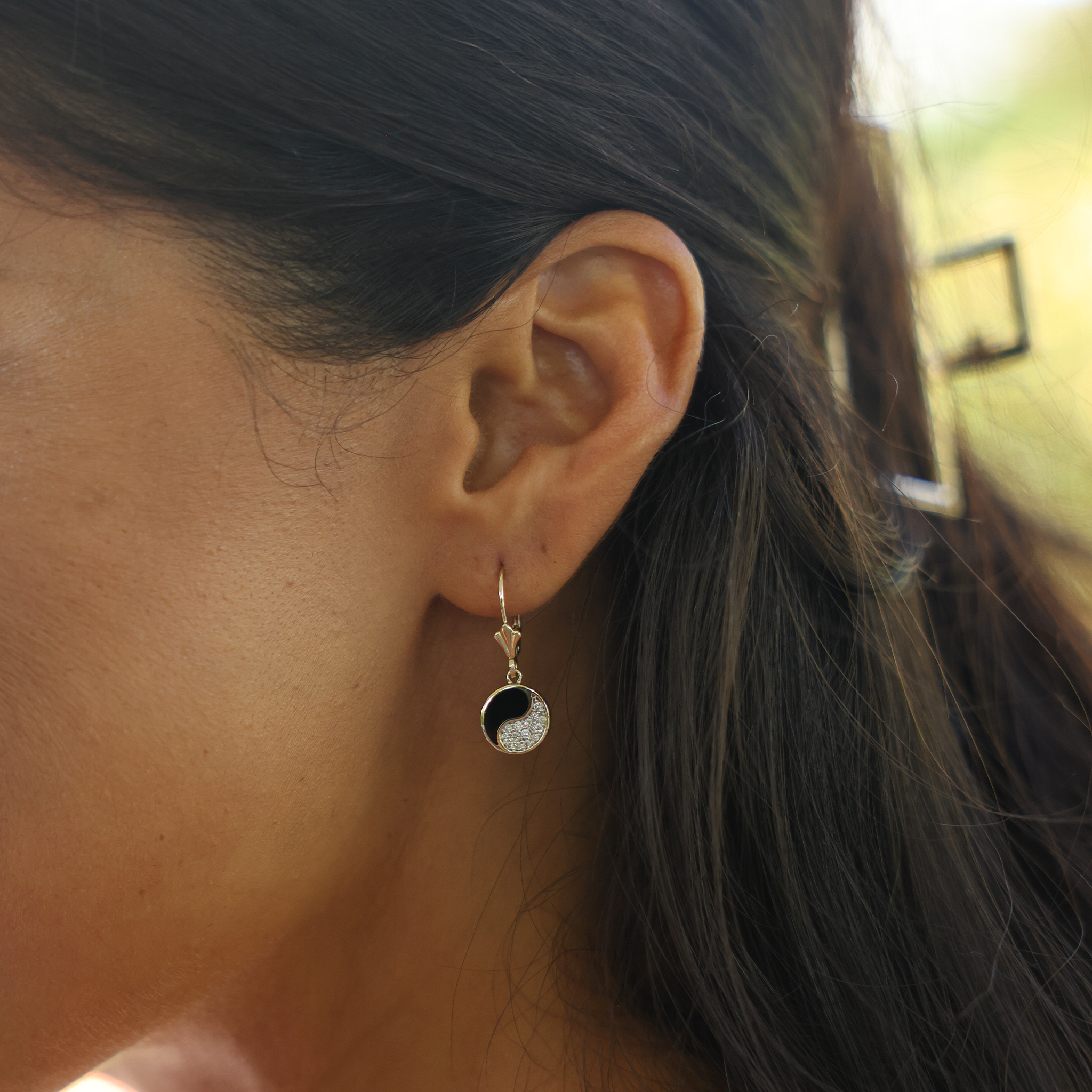 Yin Yang Black Coral Earrings in Gold with Diamonds - 10mm
