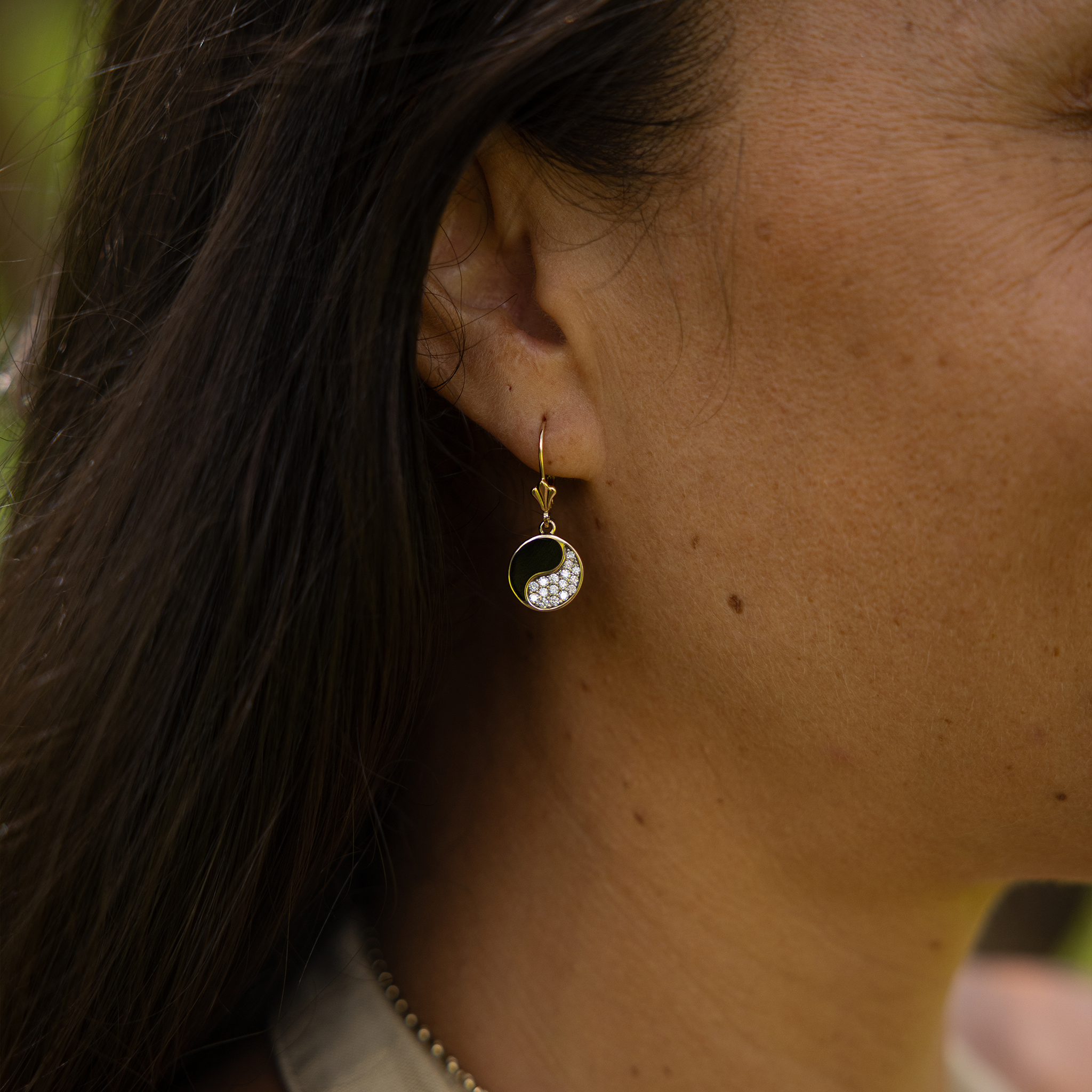 Yin Yang Black Coral Earrings in Gold with Diamonds - 12mm
