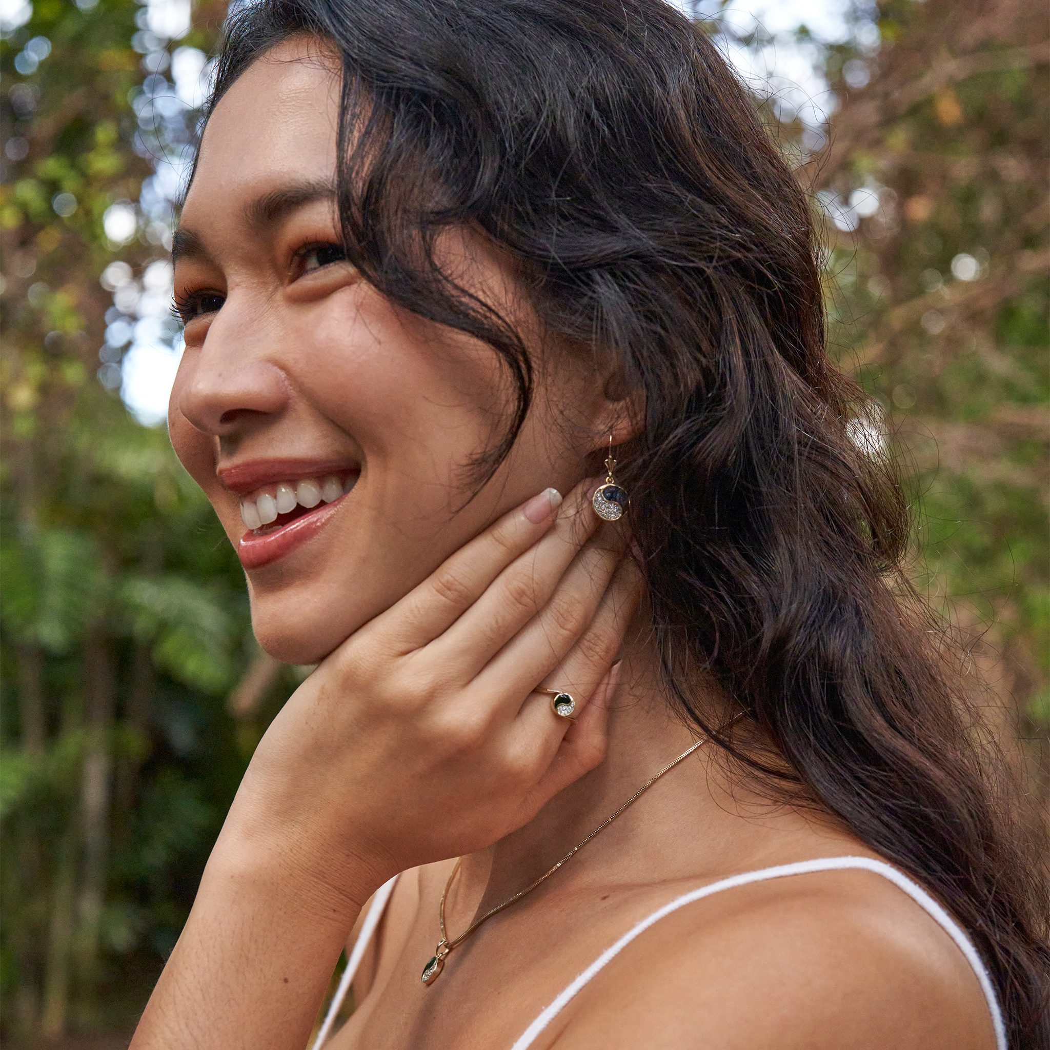 Yin Yang Black Coral Earrings in Gold with Diamonds - 12mm