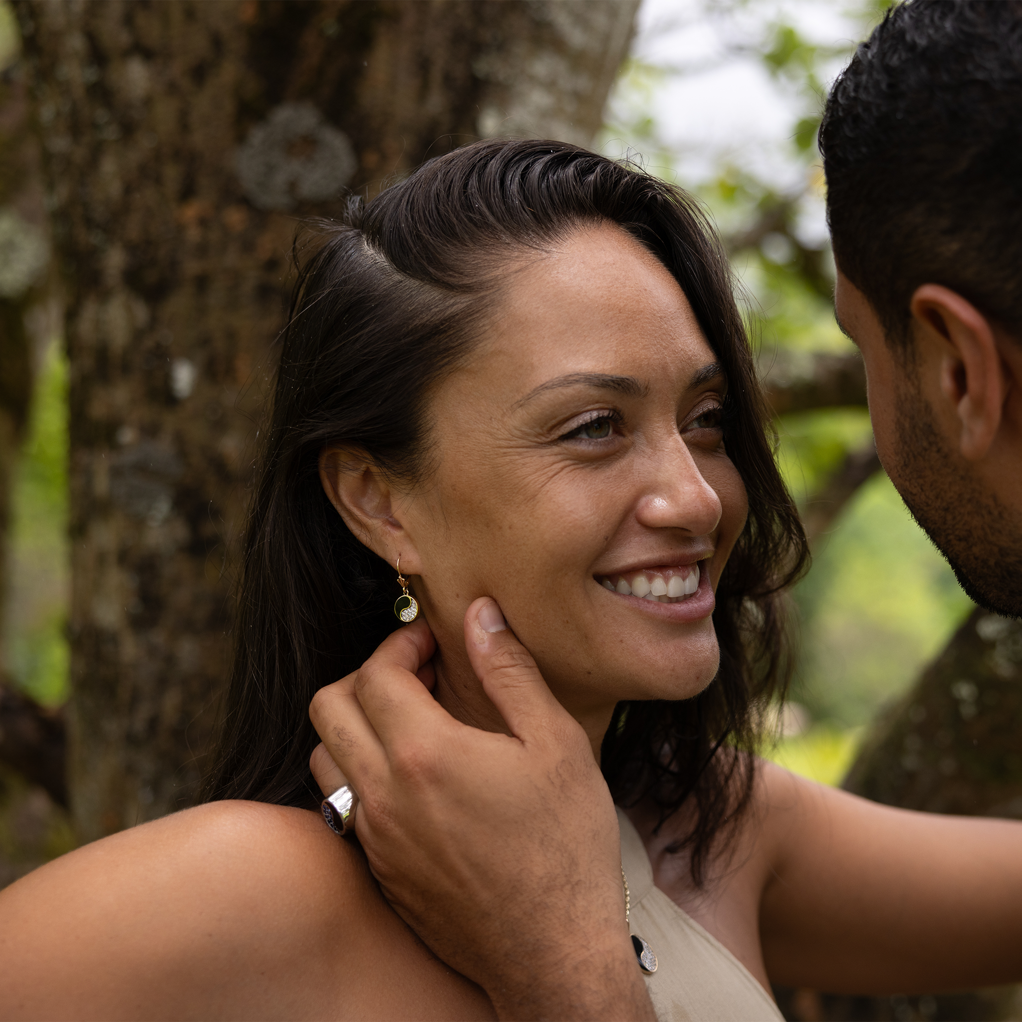Yin Yang Black Coral Earrings in Gold with Diamonds - 12mm
