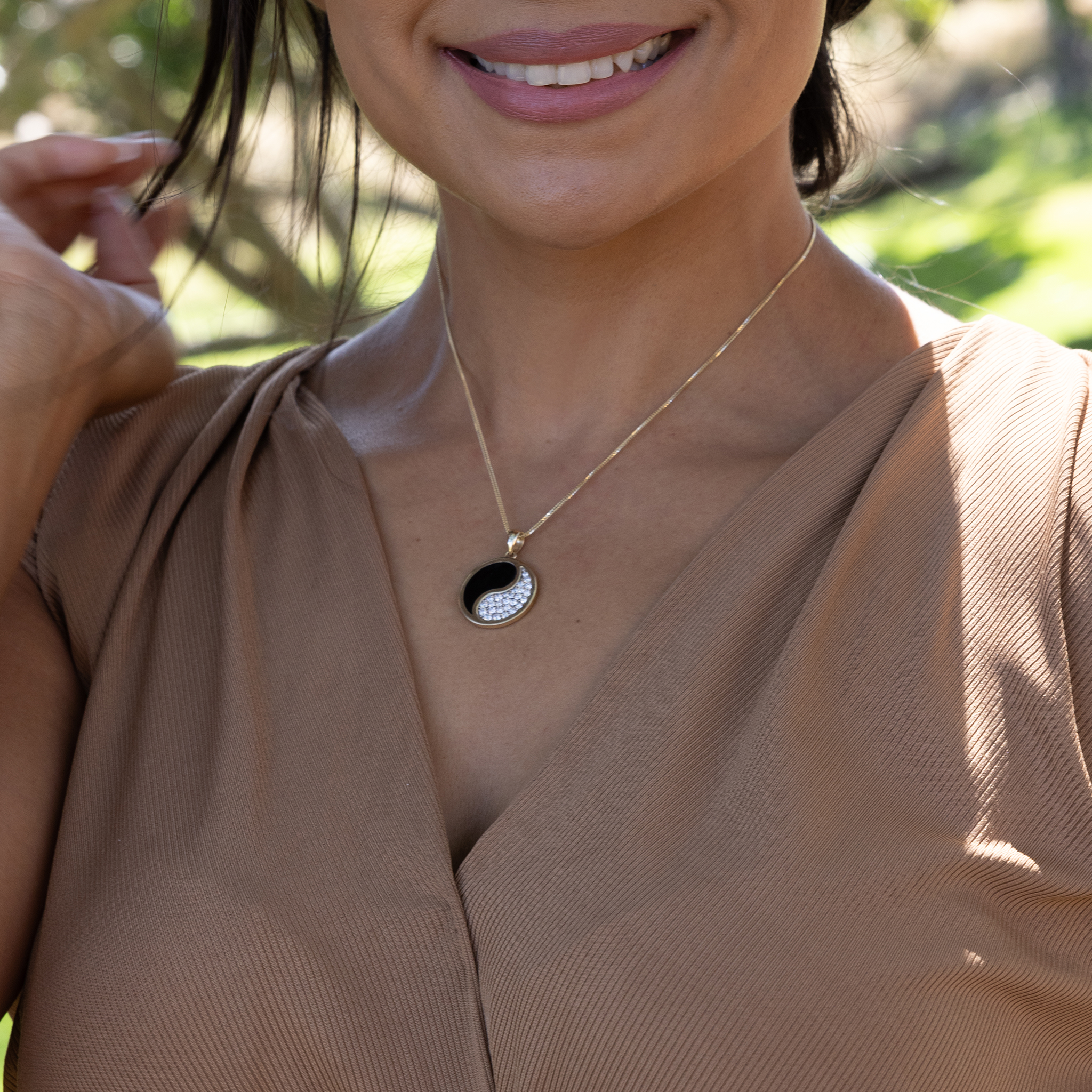 Yin Yang Black Coral Pendant in Gold with Diamonds - 22mm