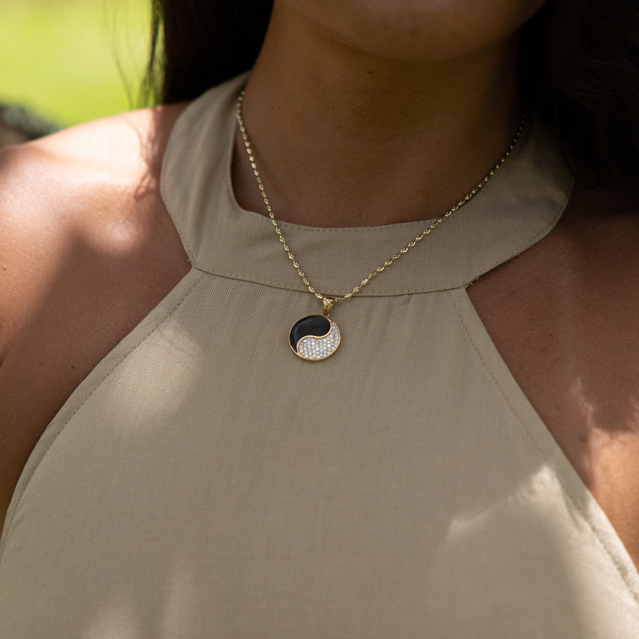 Yin Yang Black Coral Pendant in Gold with Diamonds - 20mm