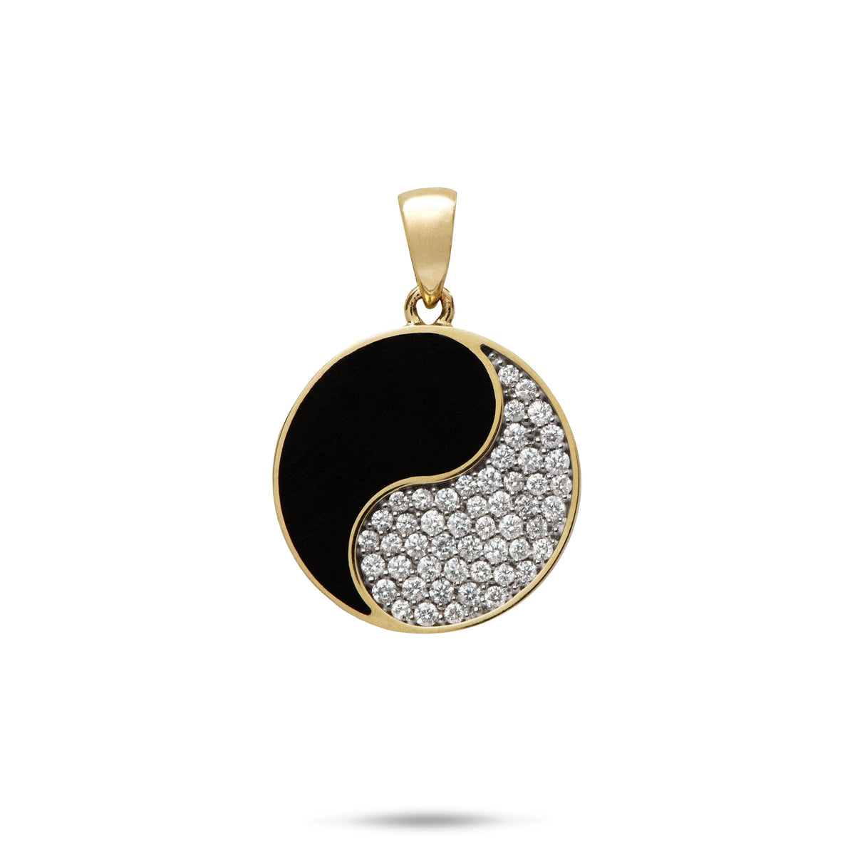 A 14k gold pendant featuring a 20mm Yin Yang symbol with a Hawaiian black coral half and a pavé-set diamond half with white gold prongs, shown on a white background.