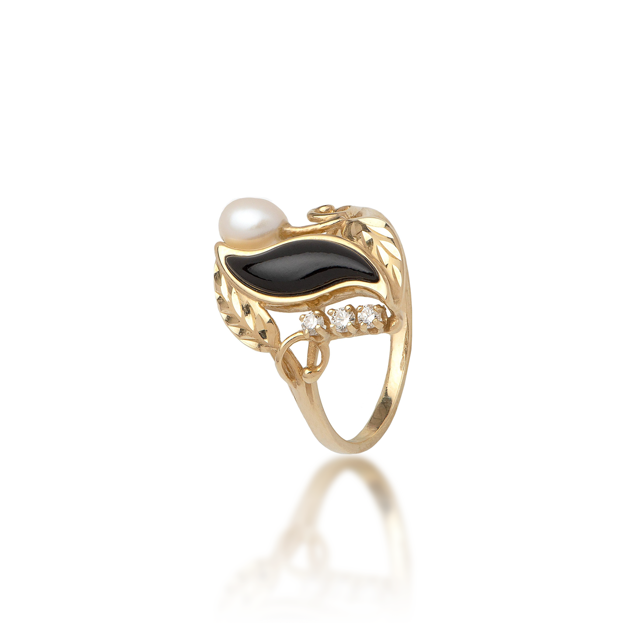 Paradise Black Coral & Pearl Ring in Gold with Diamonds - 21mm