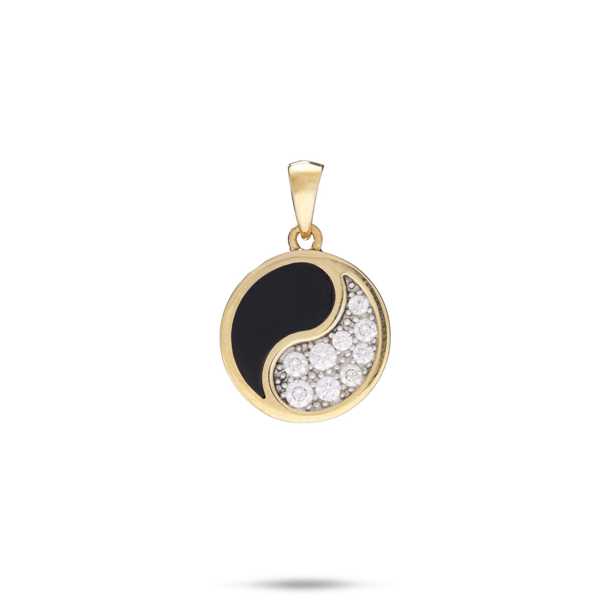 A 14k round gold pendant featuring a 15mm Yin Yang symbol with a Hawaiian black coral half and a pavé-set diamond half with white gold prongs, shown on a white background.