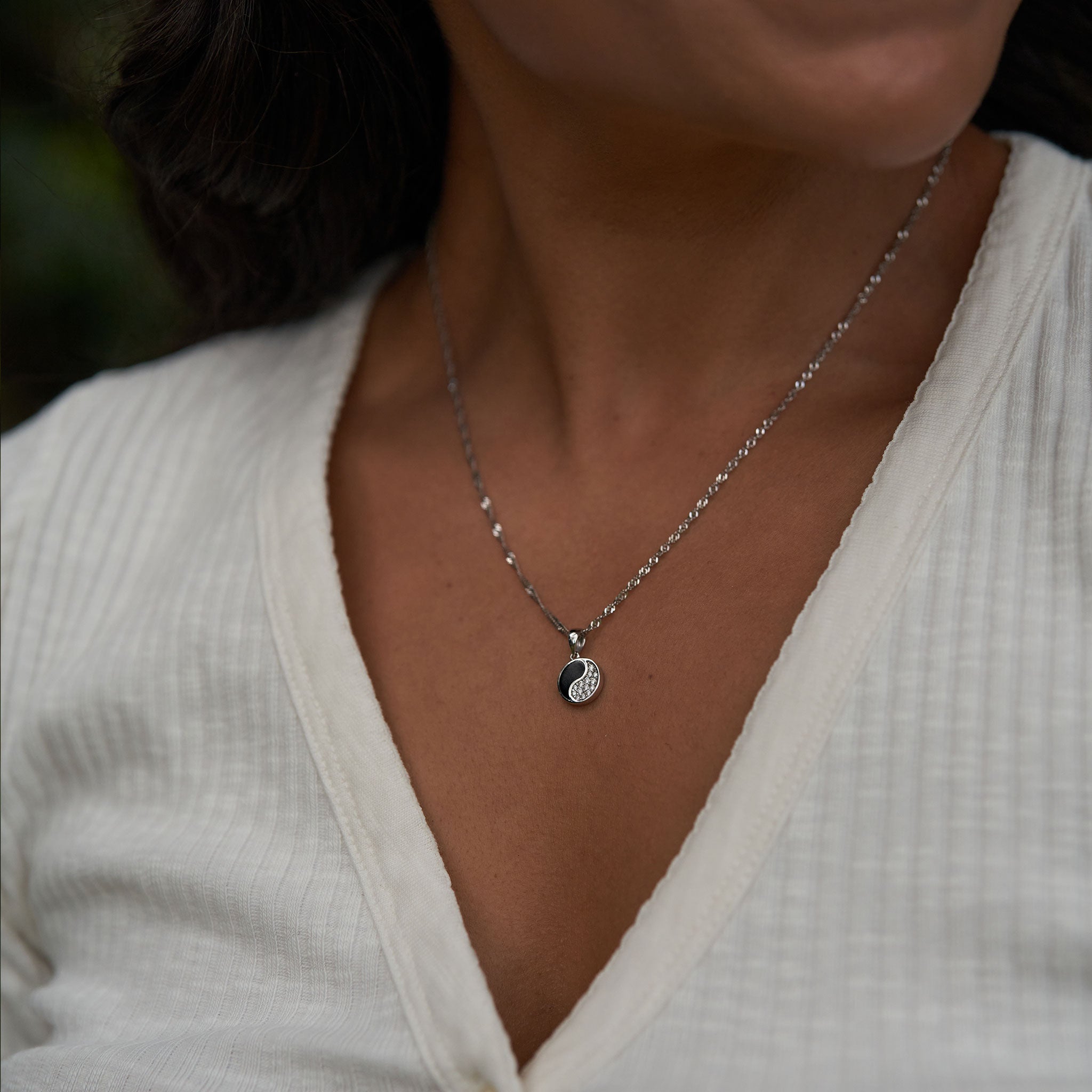 Yin Yang Black Coral Pendant in White Gold with Diamonds - 10mm