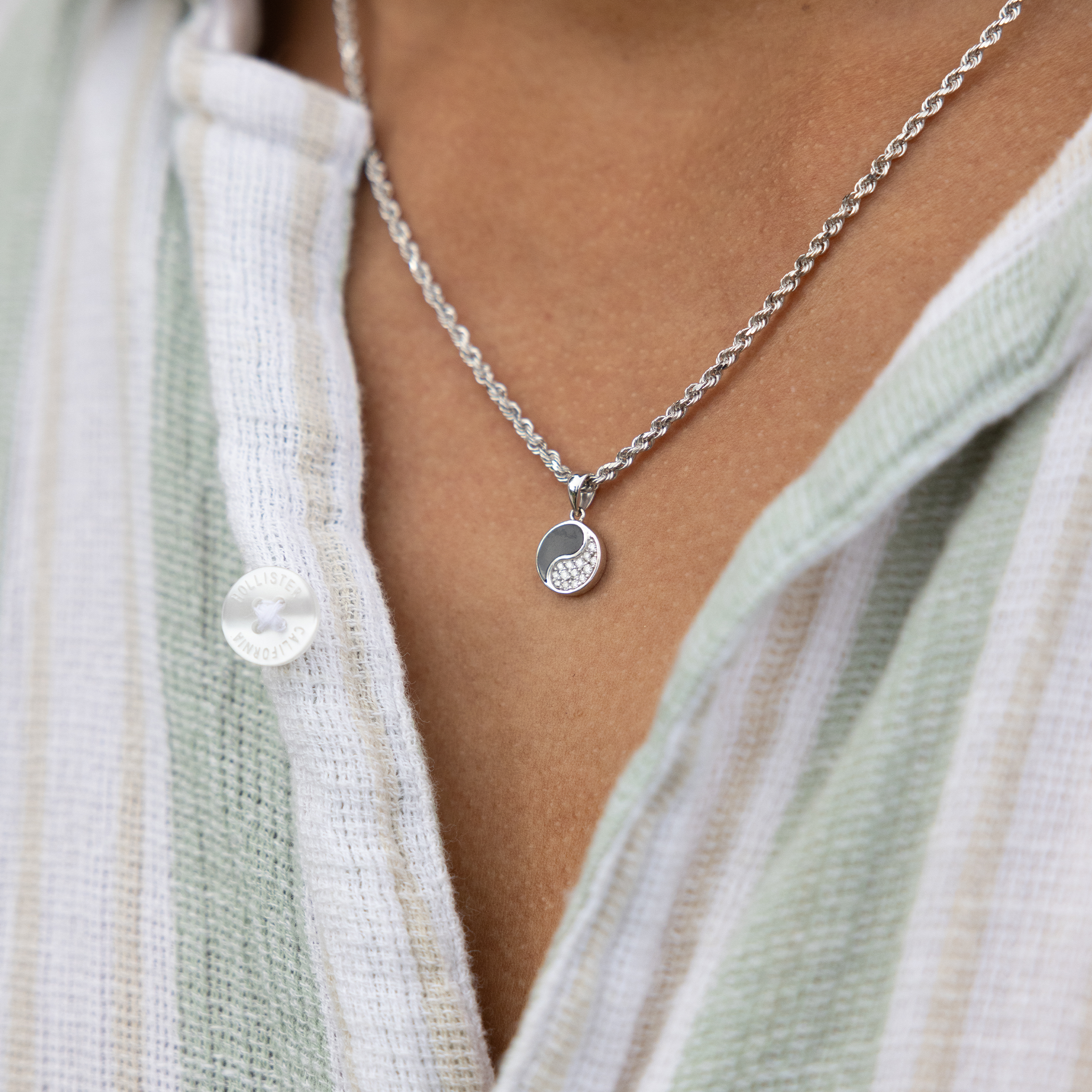 Yin Yang Black Coral Pendant in White Gold with Diamonds - 10mm