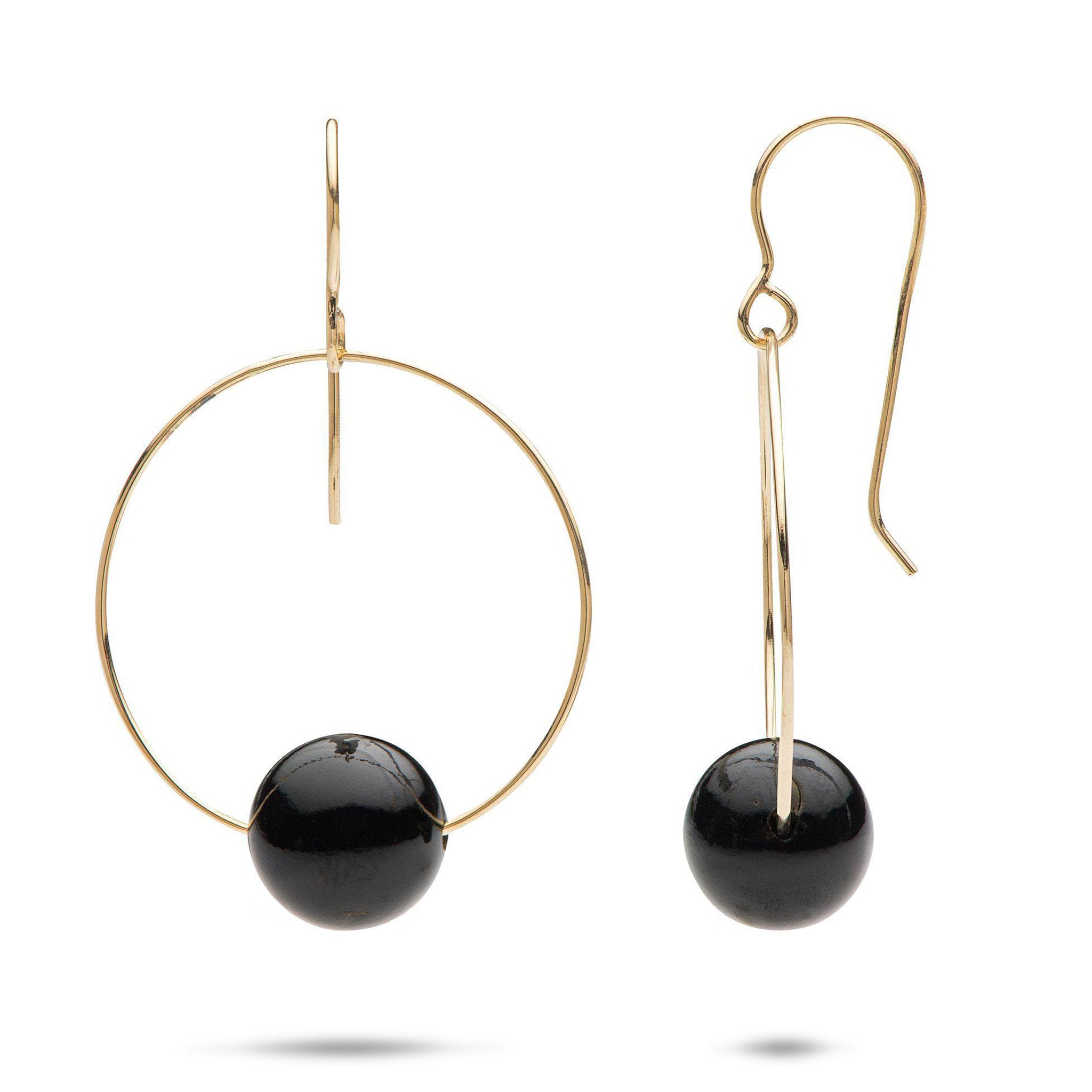 Hawaiian Black Coral Beach Dangle Hoop Earrings in 14k Yellow Gold