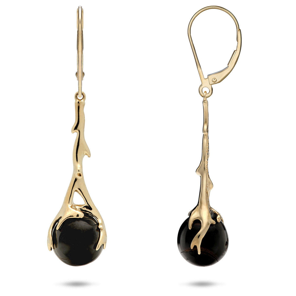 A pair of Heritage coral branch earrings with leverbacks in 14k gold, both set with a round Hawaiian Black Coral bead, placed on a white background
