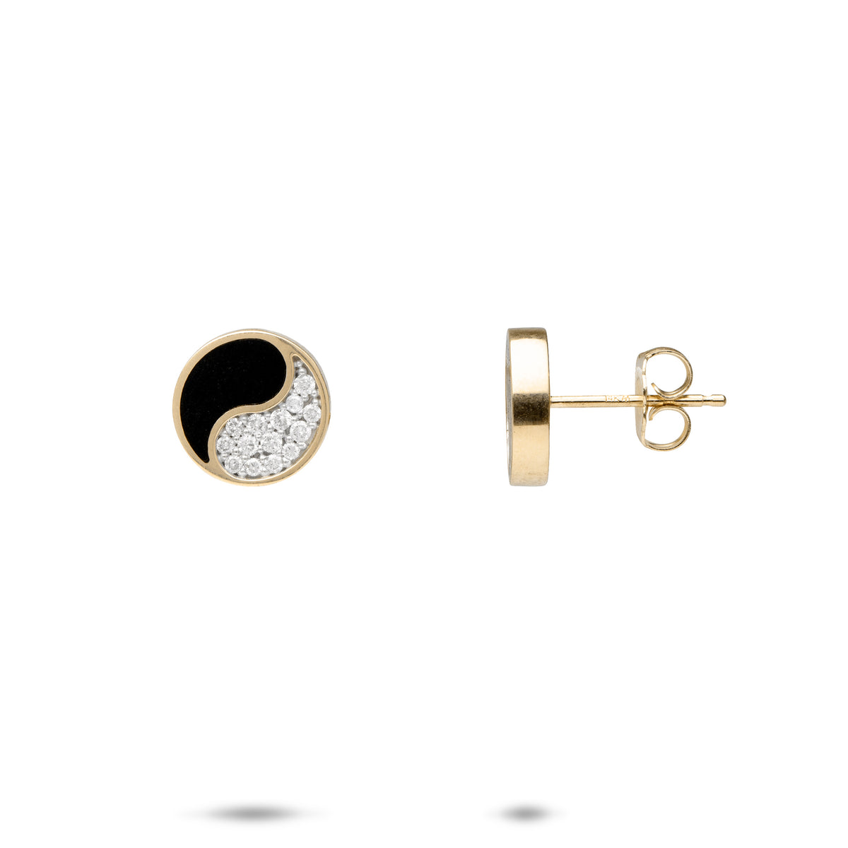 A pair of 14k gold post earrings, one showing the front view and the other showing the side view, both featuring a round 10mm Yin Yang symbol with a Hawaiian black coral half and a pavé-set diamond half with white gold prongs, shown on a white background.
