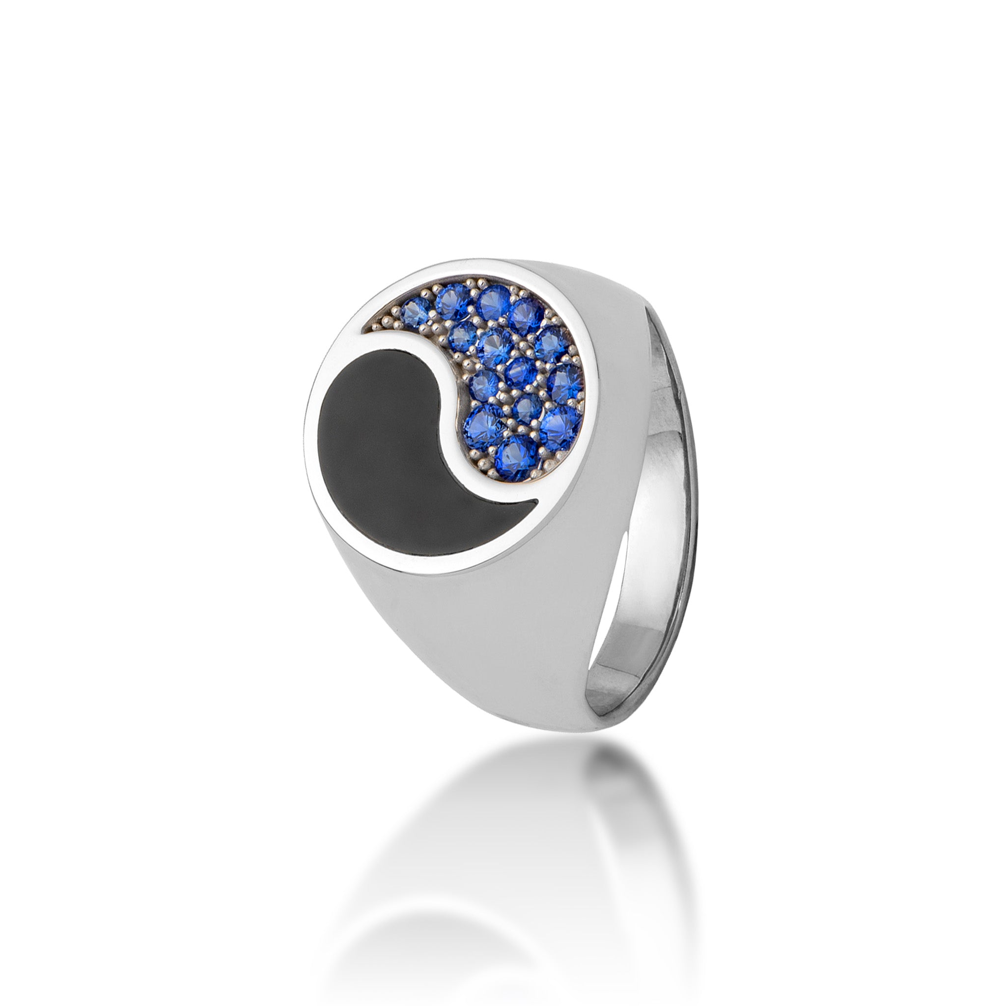 Yin Yang Black Coral Ring in White Gold with Blue Sapphires - 17.5mm