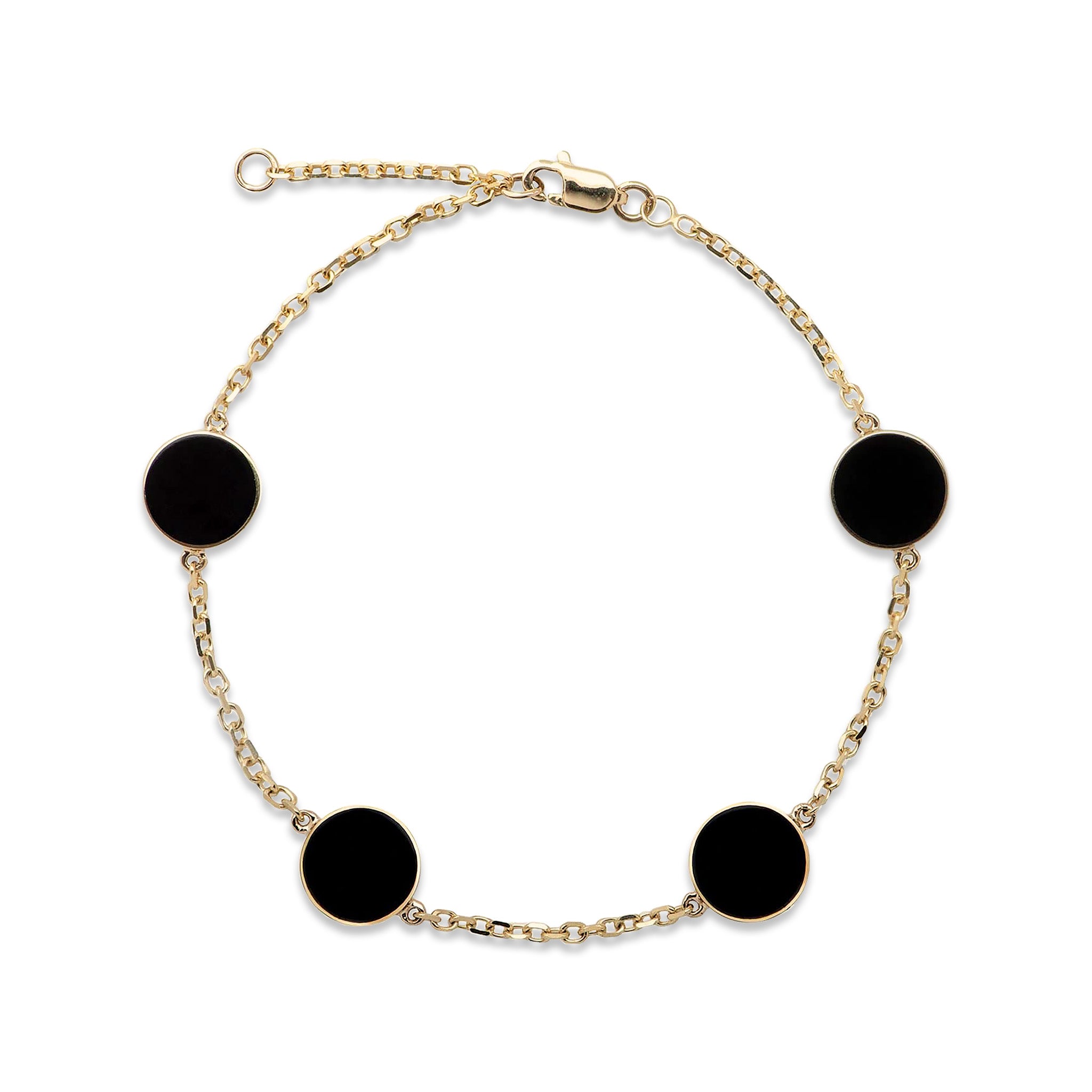 Eclipse Bracelet with an adjustable gold chain and four Hawaiian black coral disks set in gold.