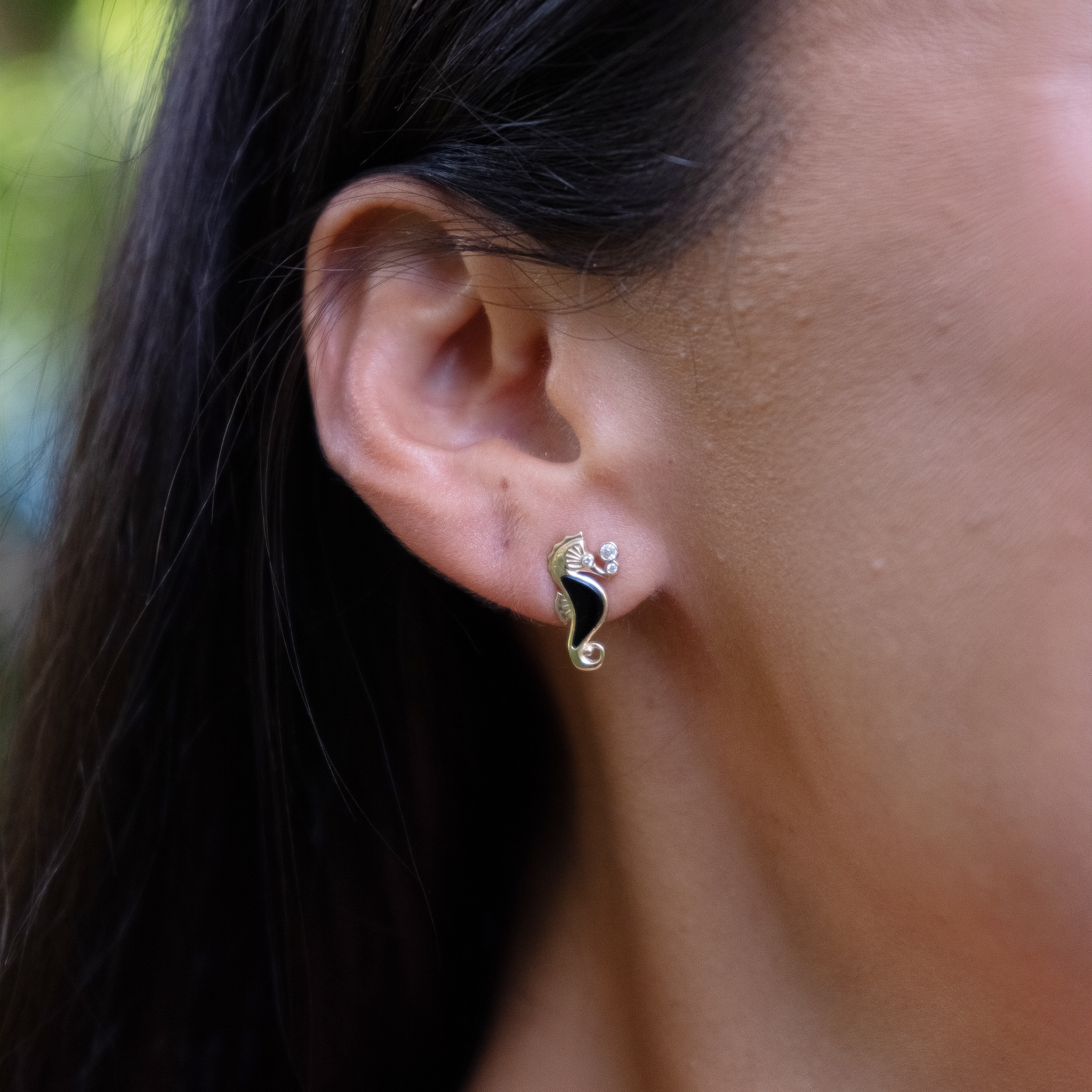 Sealife Seahorse Black Coral Earrings in Gold with Diamonds - 15mm