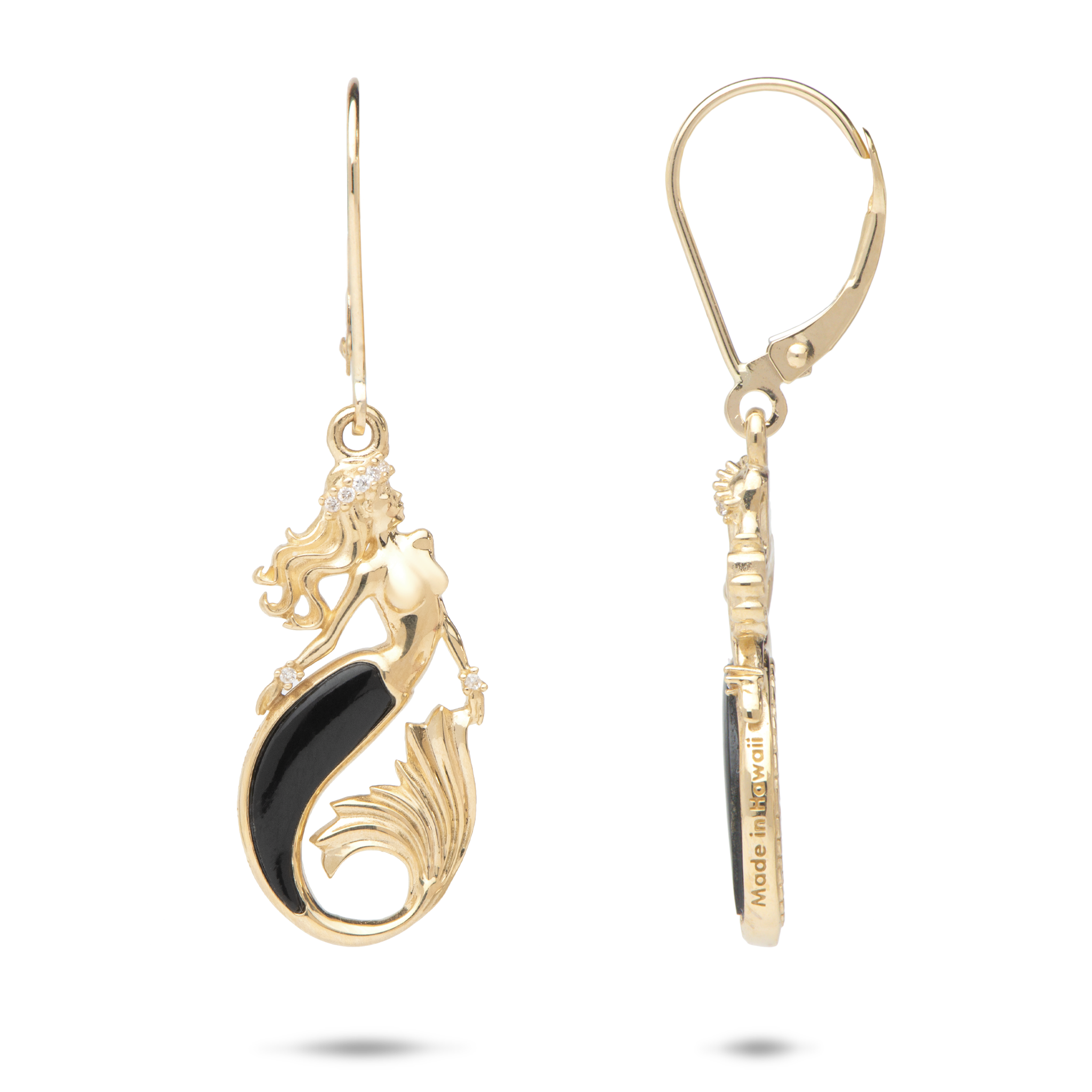 Sealife Mermaid Black Coral Earrings in Gold with Diamonds - 22mm