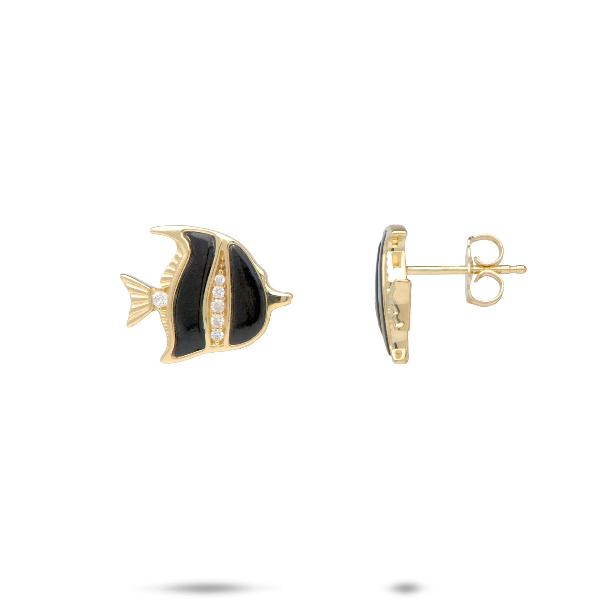 Sealife Angelfish Black Coral Earrings in Gold with Diamonds - 12mm