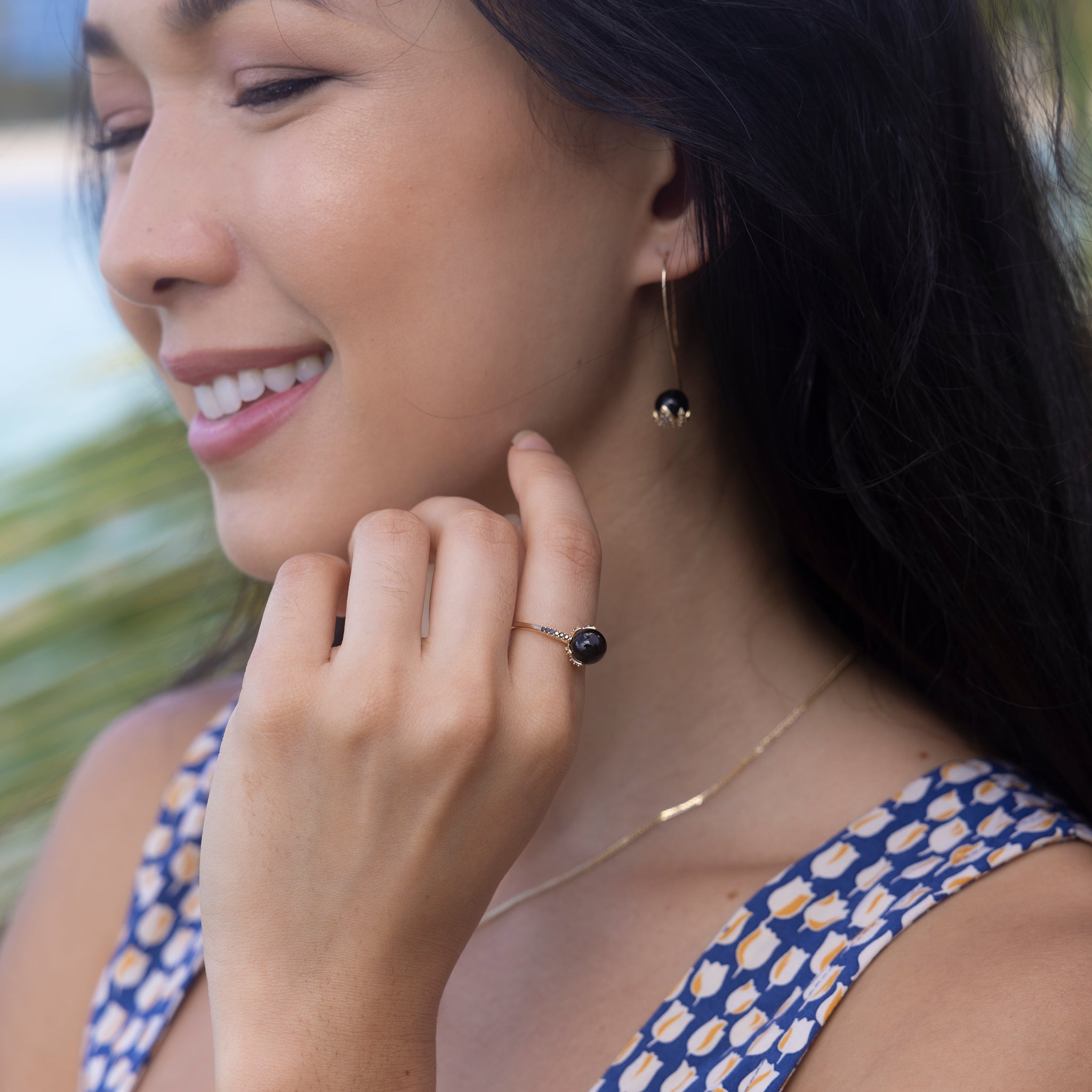 Night Blossom Black Coral Ring in Gold with Black Diamonds - 7-7.9mm