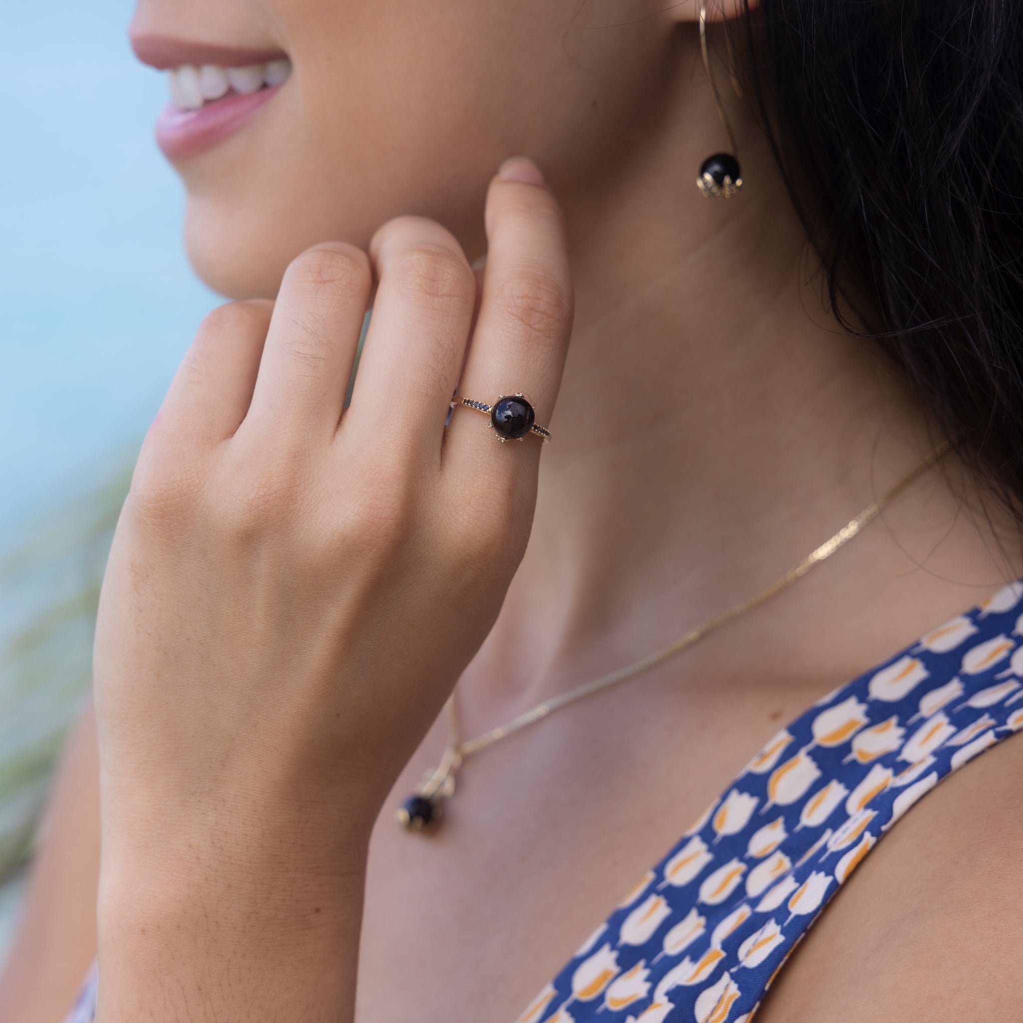 Night Blossom Black Coral Ring in Gold with Black Diamonds - 7-7.9mm