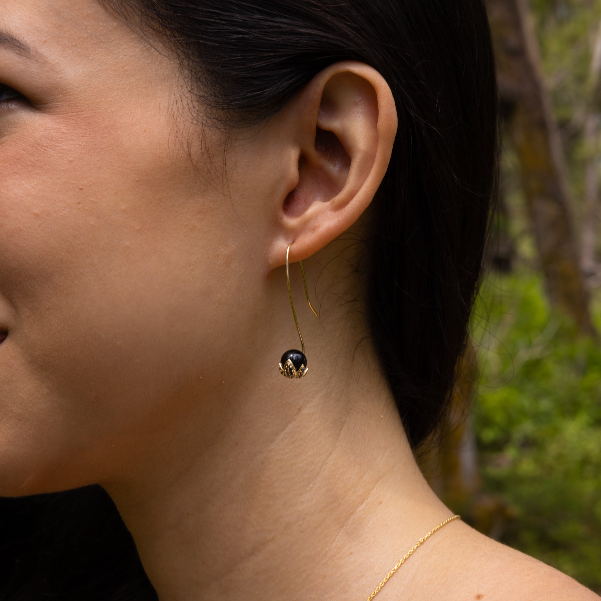 Night Blossom Black Coral Earrings in Gold with Black Diamonds