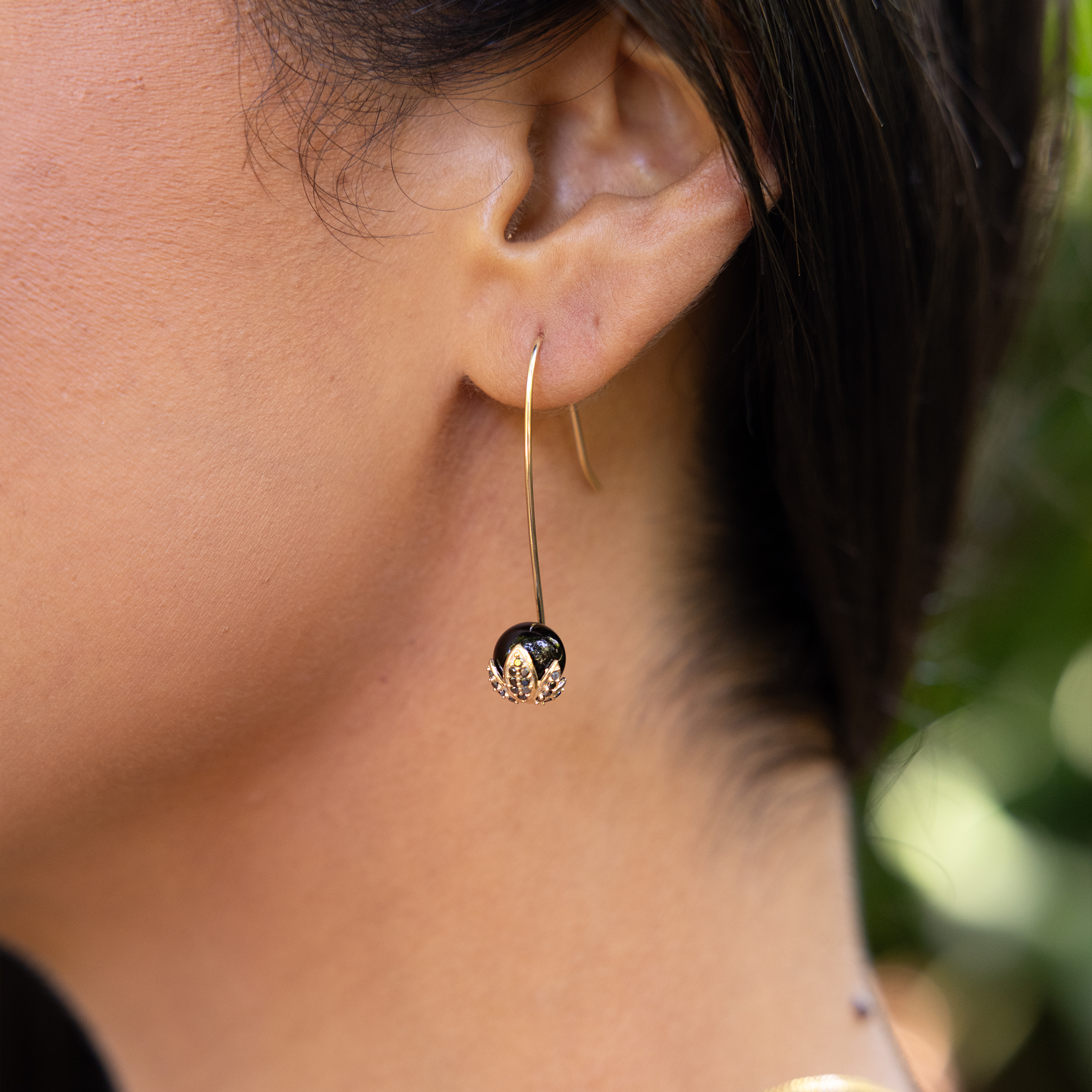 Night Blossom Black Coral Earrings in Gold with Black Diamonds