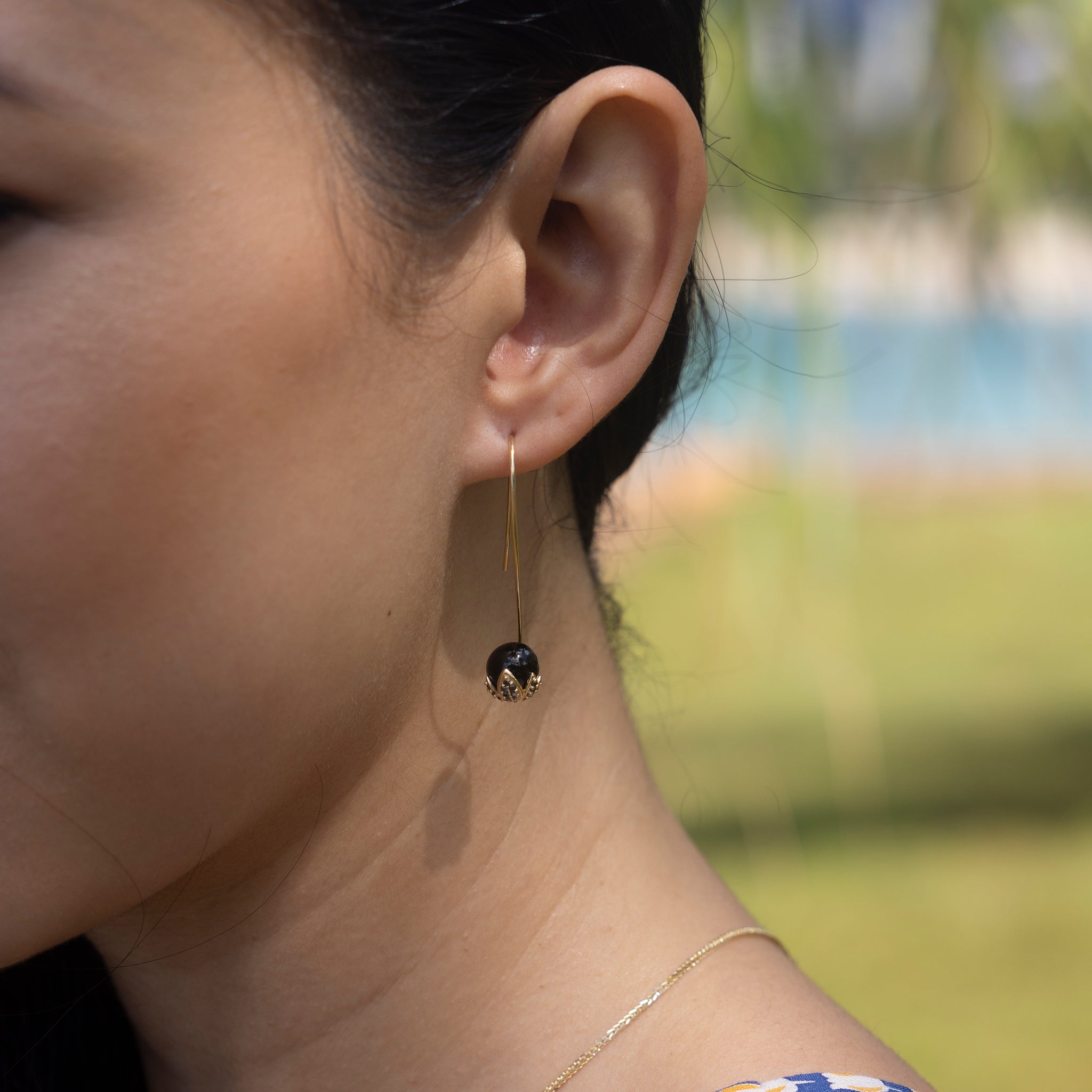Night Blossom Black Coral Earrings in Gold with Black Diamonds