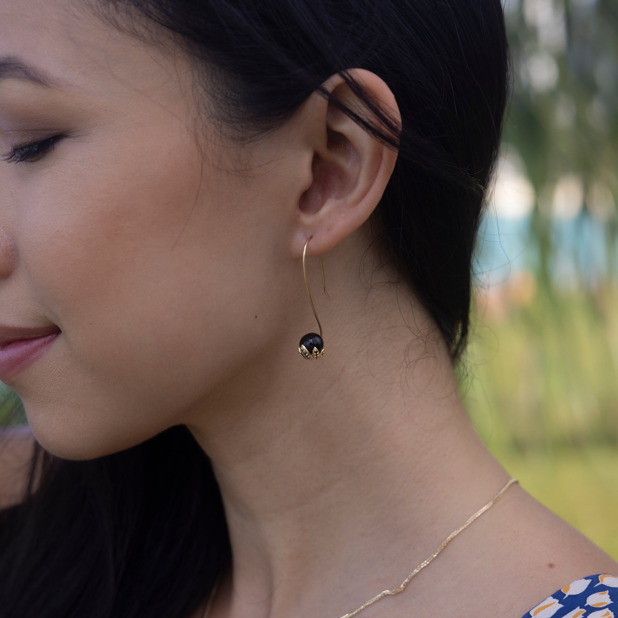 Night Blossom Black Coral Earrings in Gold with Black Diamonds