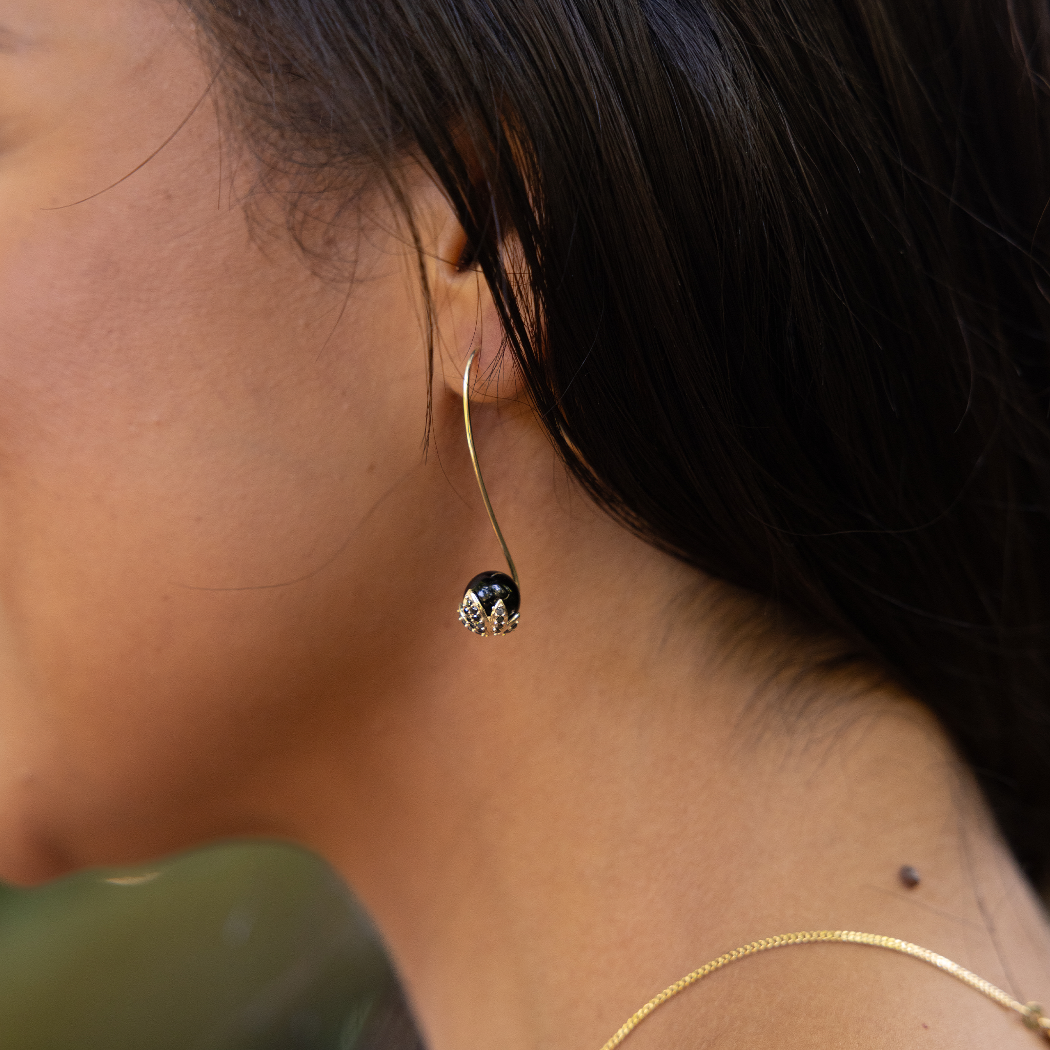 Night Blossom Black Coral Earrings in Gold with Black Diamonds