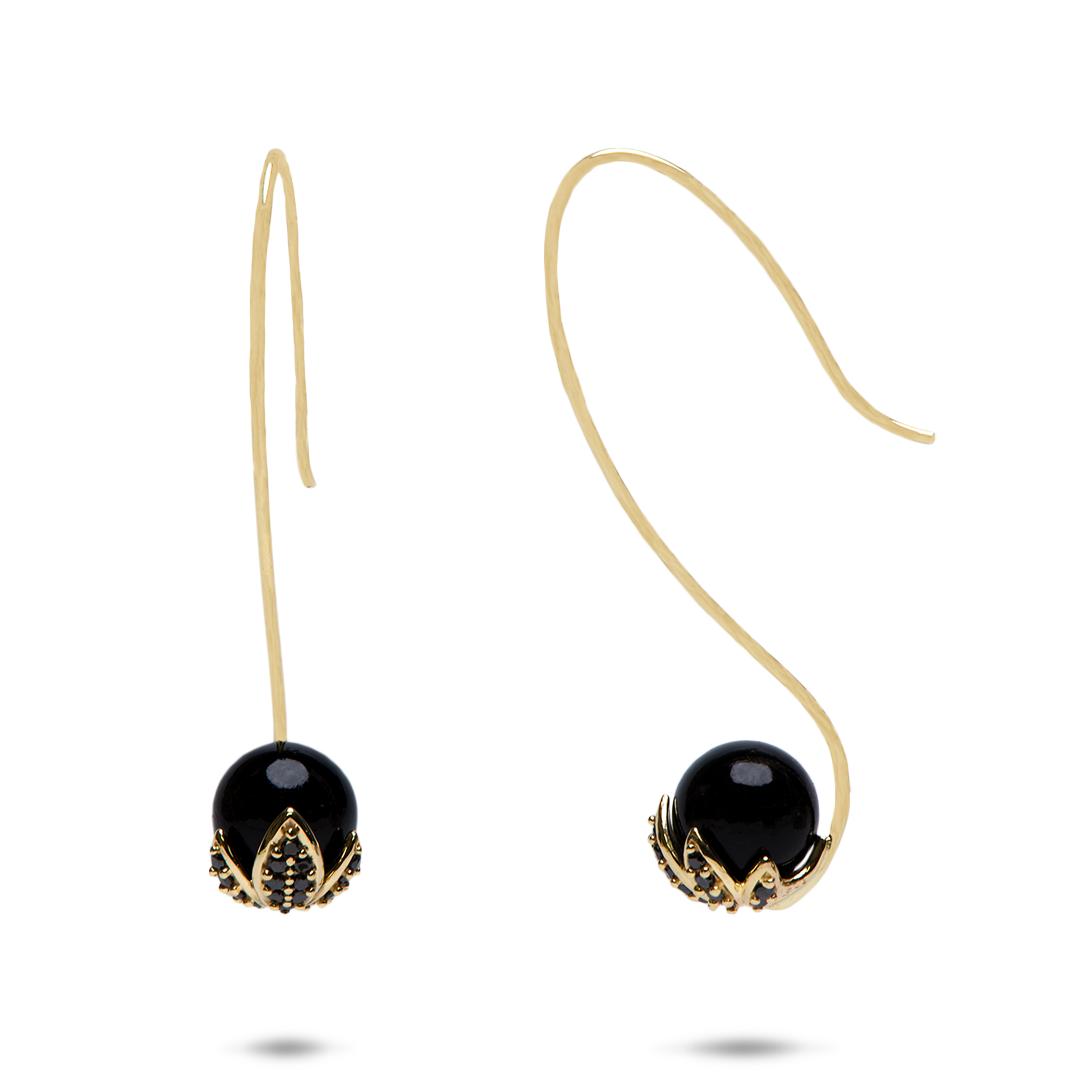 Night Blossom Black Coral Earrings in Gold with Black Diamonds