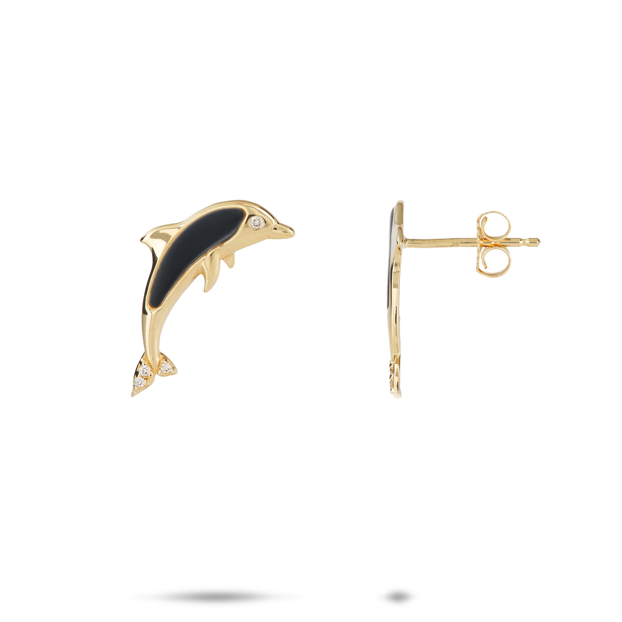 Dolphin Hawaiian Black Coral Stud Earrings in Gold with Diamonds