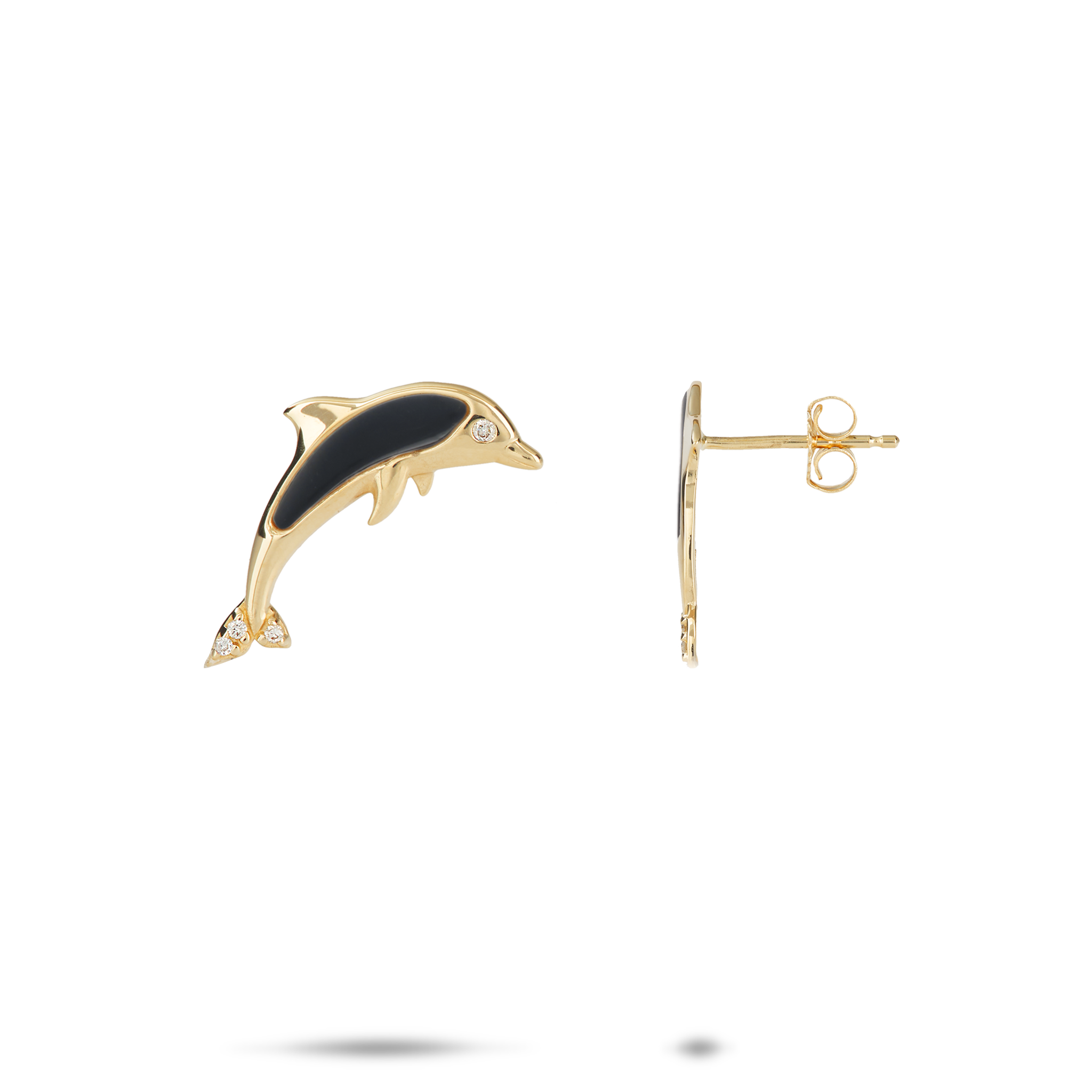 Sealife Dolphin Black Coral Earrings in Gold with Diamonds - 15mm