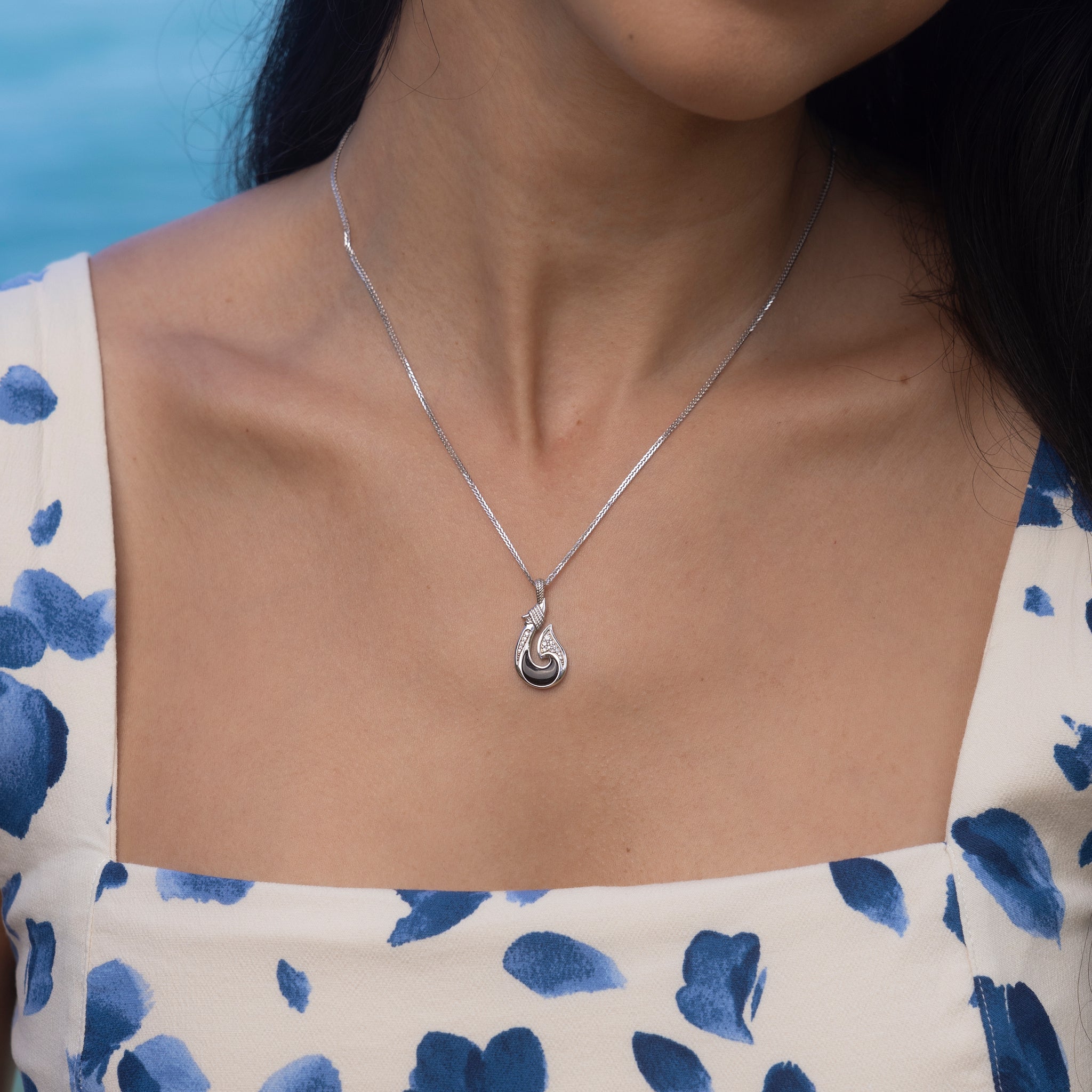 Sealife Fish Hook Black Coral Pendant in White Gold with Diamonds - 27mm