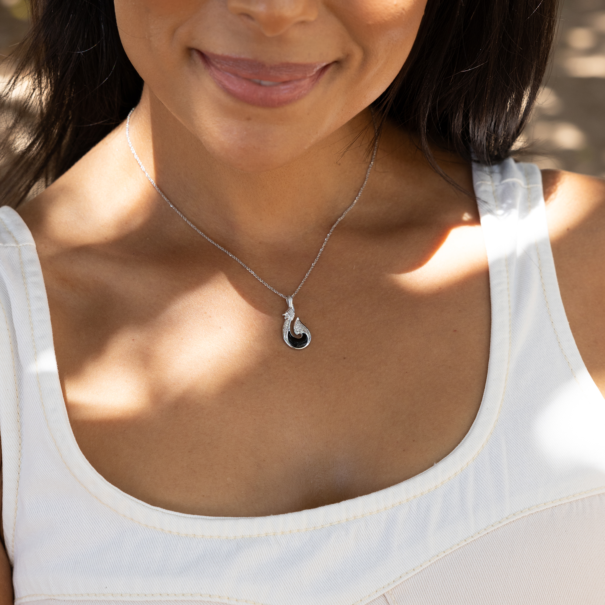 Sealife Fish Hook Black Coral Pendant in White Gold with Diamonds - 27mm