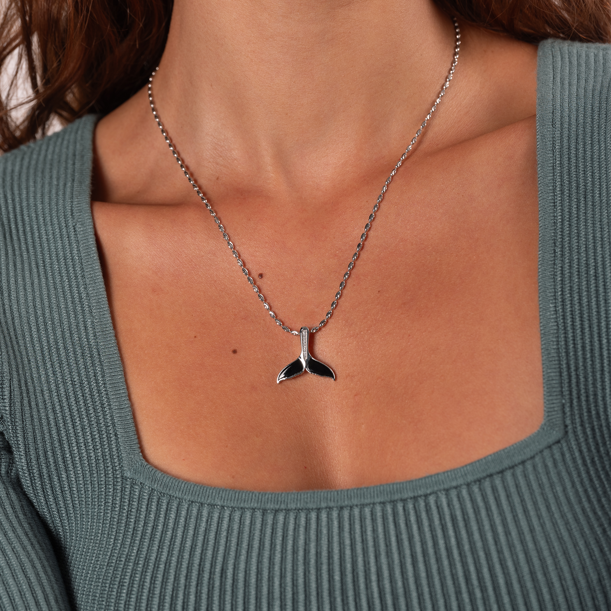 Sealife Whale Tail Black Coral Pendant in White Gold with Diamonds - 21mm