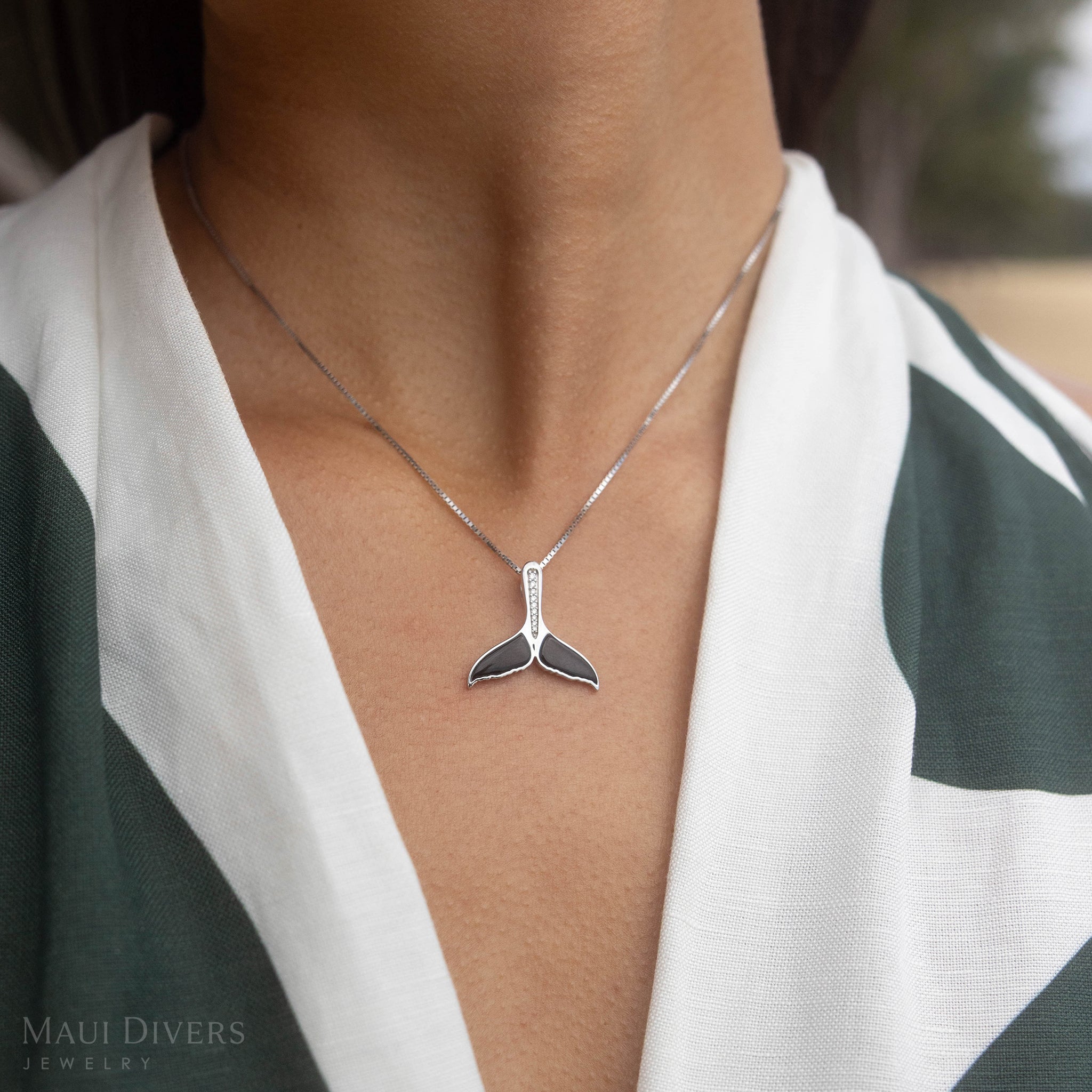 Sealife Whale Tail Black Coral Pendant in White Gold with Diamonds - 21mm