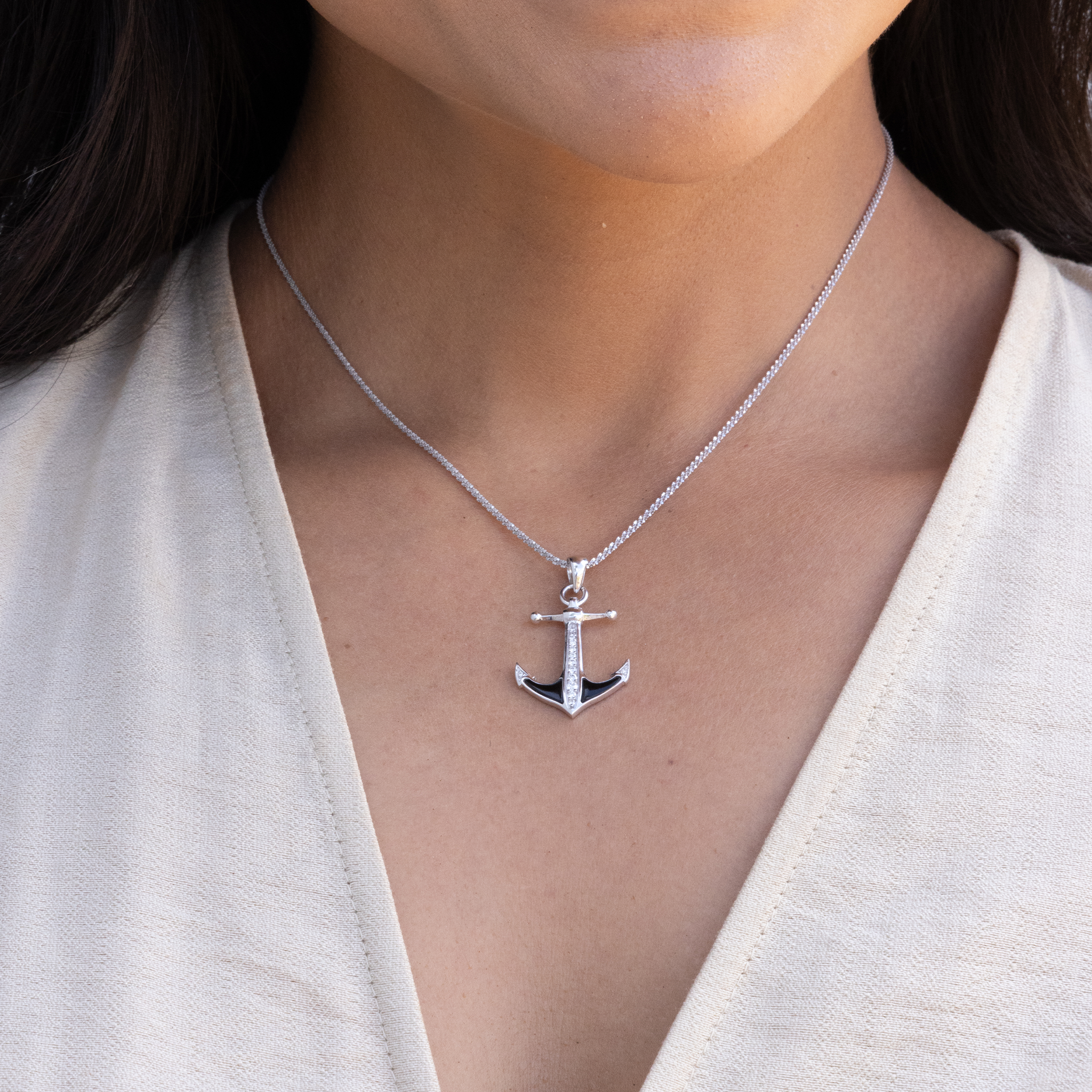 Sealife Anchor Black Coral Pendant in White Gold with Diamonds - 28mm