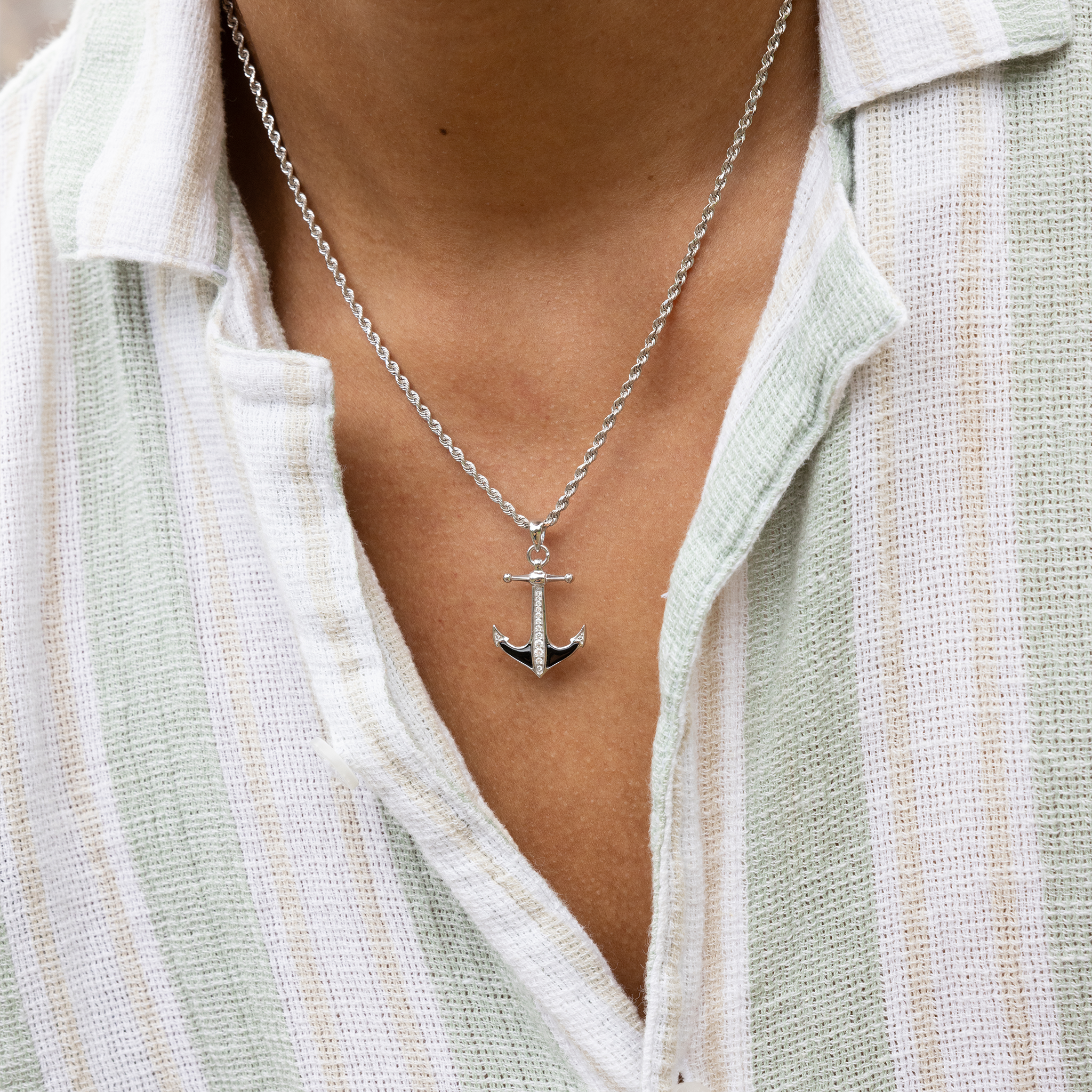 Sealife Anchor Black Coral Pendant in White Gold with Diamonds - 28mm