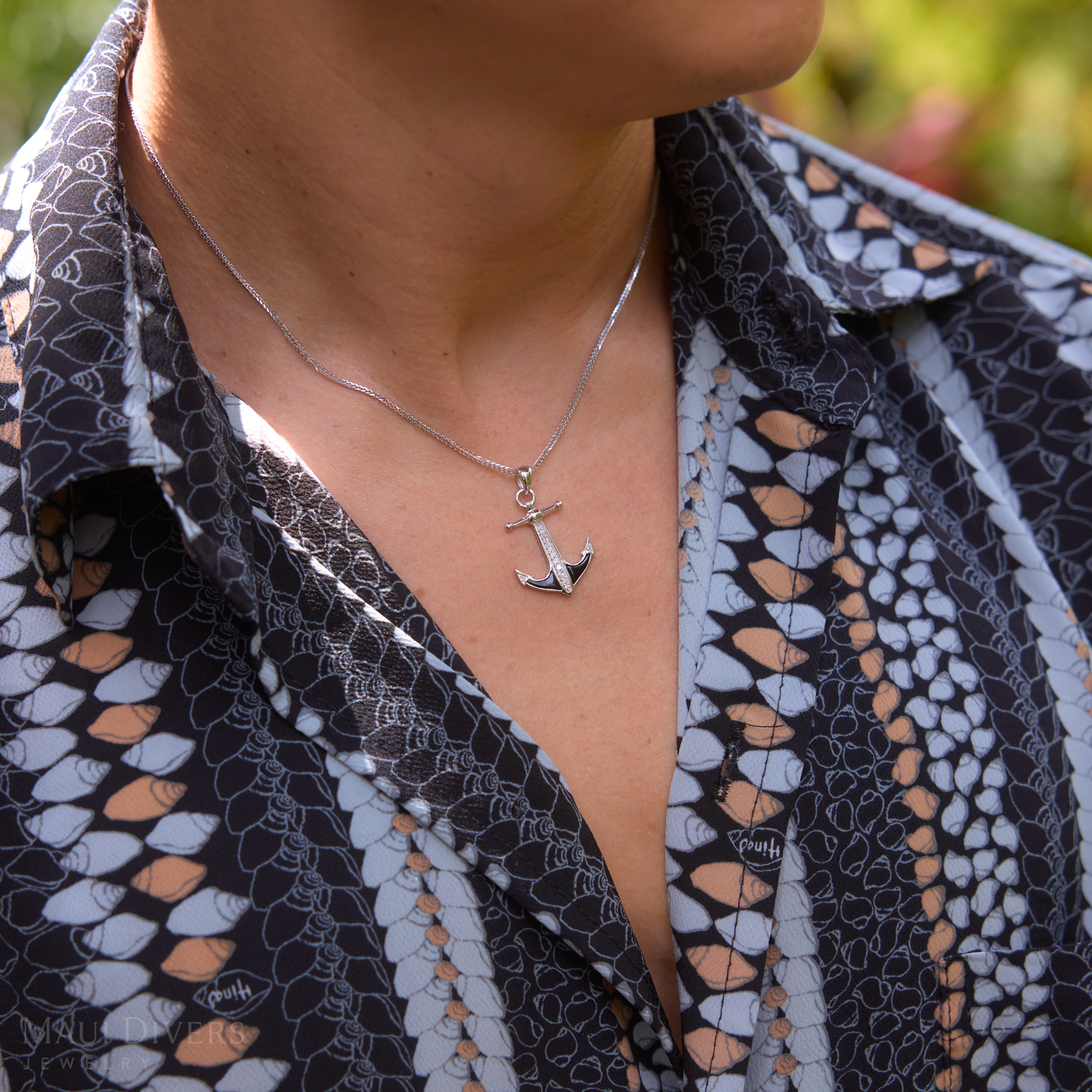 Sealife Anchor Black Coral Pendant in White Gold with Diamonds - 28mm