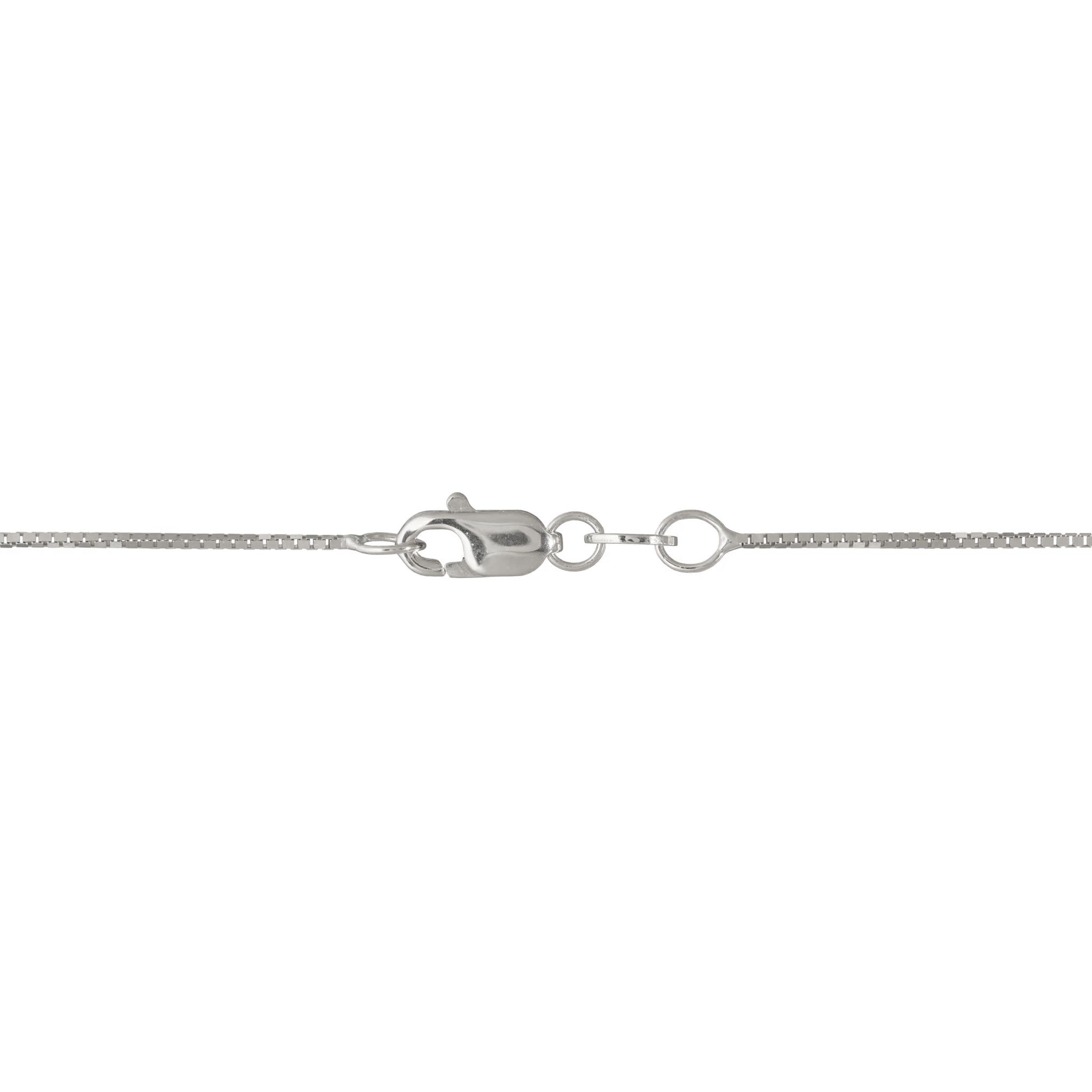 Detail shot of a 0.8mm Box Chain in 14k White Gold with a Lobster Claw Clasp