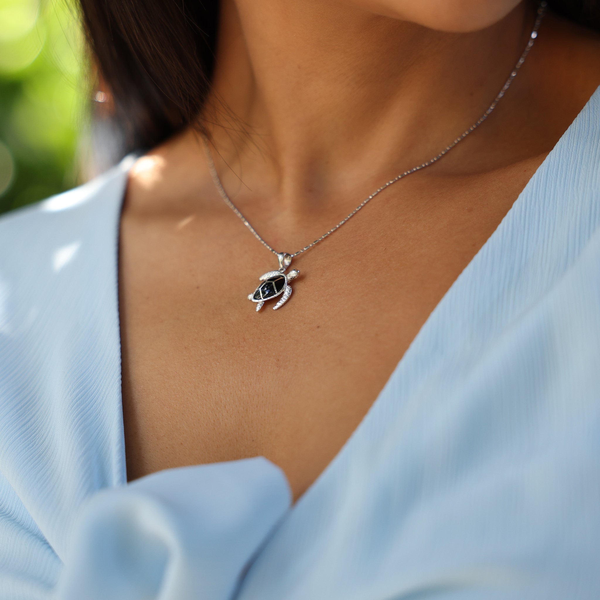 Honu Black Coral Pendant in Sterling Silver - 19mm