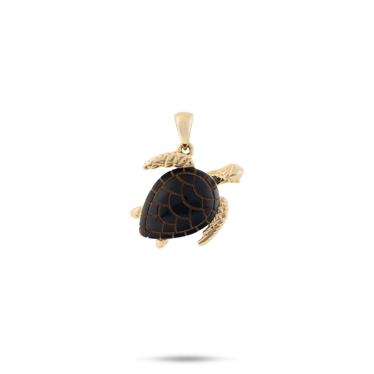 A 15mm 14k yellow gold Hawaiian green sea turtle pendant featuring a lustrous Hawaiian black coral inlay with laser-etched shell design, shown on a plain white background.