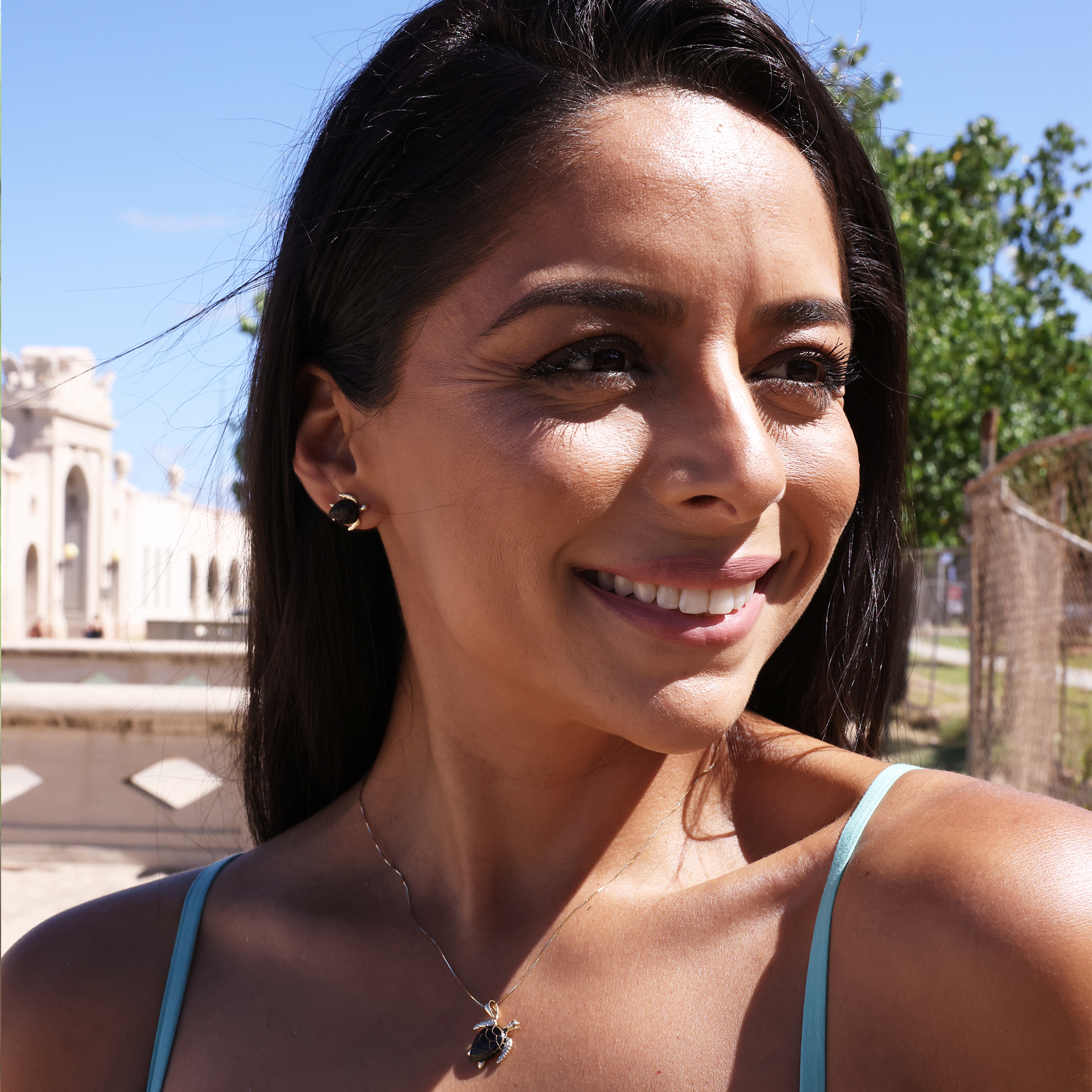 Maui Divers Jewelry Honu Black Coral Earrings in Gold - 12mm on Model with Matching Pendant - Maui Divers Jewelry