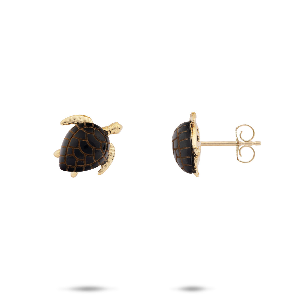 A pair of 11mm 14k yellow gold Hawaiian green sea turtle stud earrings with lustrous Hawaiian black coral design for the shell, shown from both front and side angles on a white background.