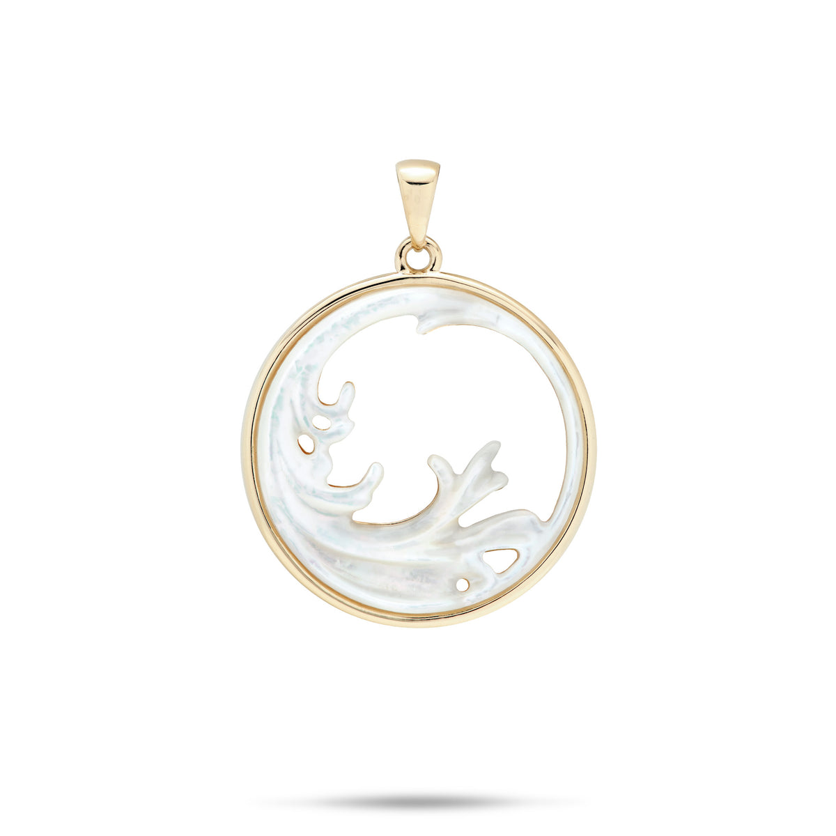A 22mm 14k Yellow Gold Round Pendant with a cut-out Splashing Wave Design crafted from White Mother of Pearl set in a round Gold frame and gold bail, shown on a white background