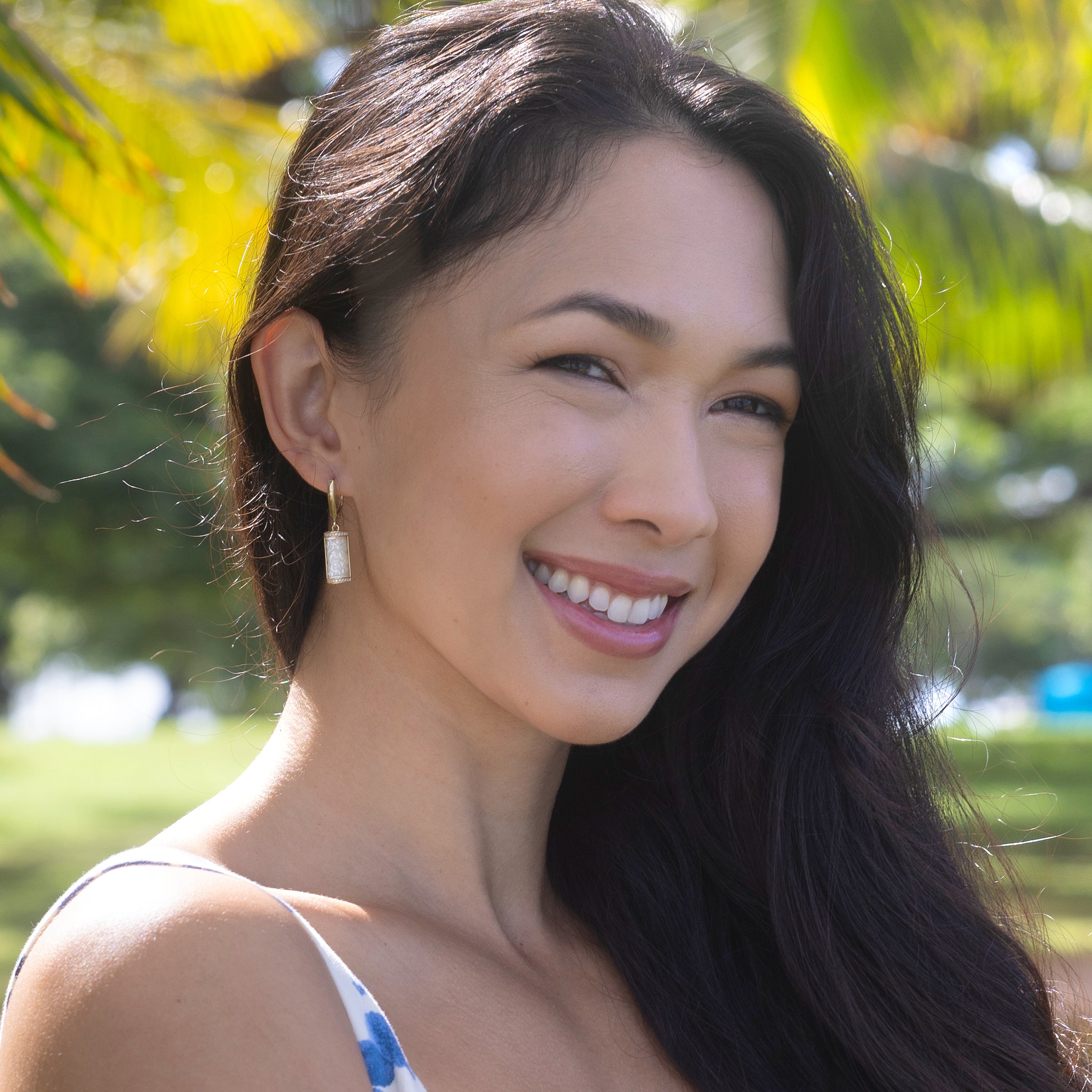 Hawaiian Heirloom Plumeria Mother of Pearl Earrings in Gold with Diamonds - 17mm