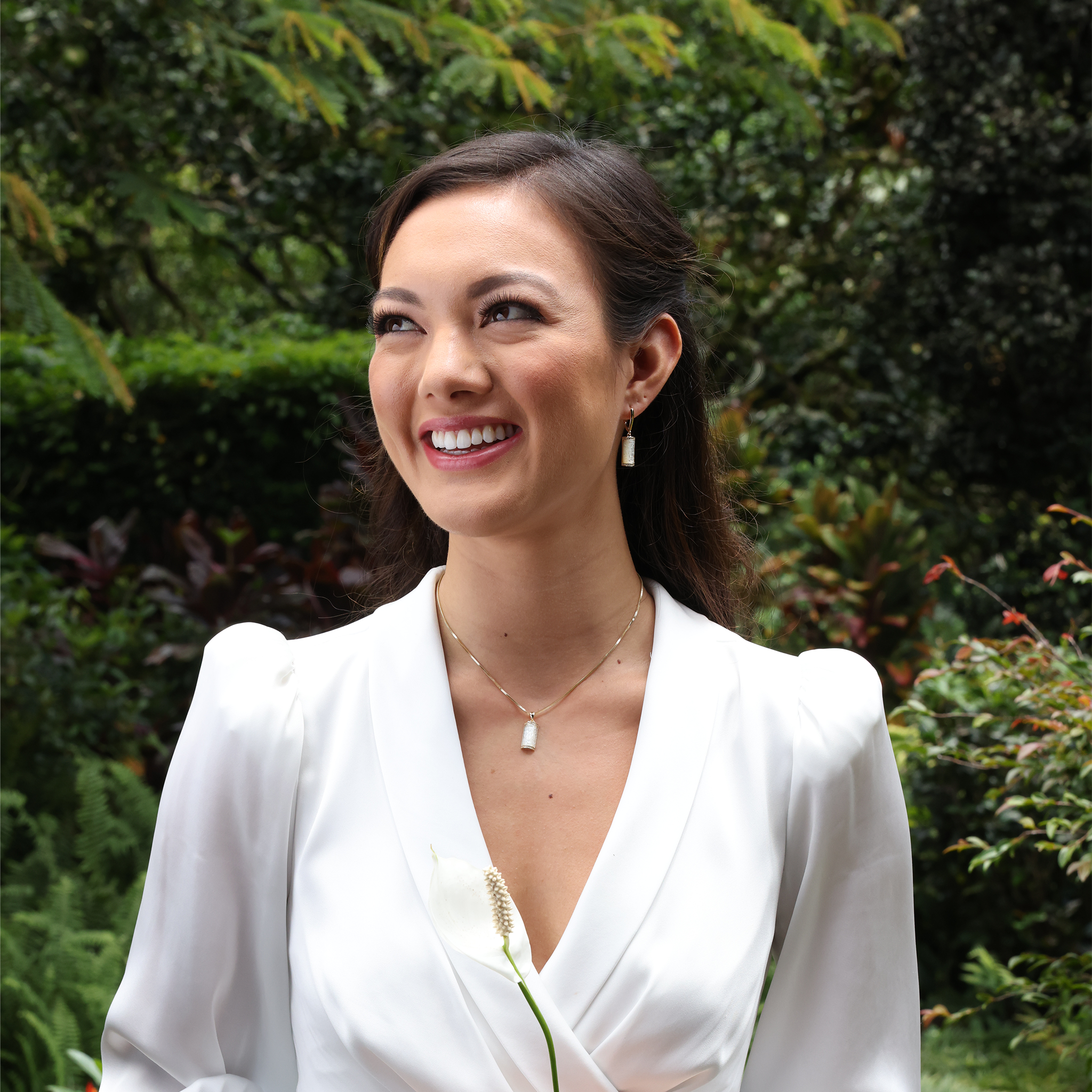 Hawaiian Heirloom Plumeria Mother of Pearl Earrings in Gold with Diamonds - 17mm