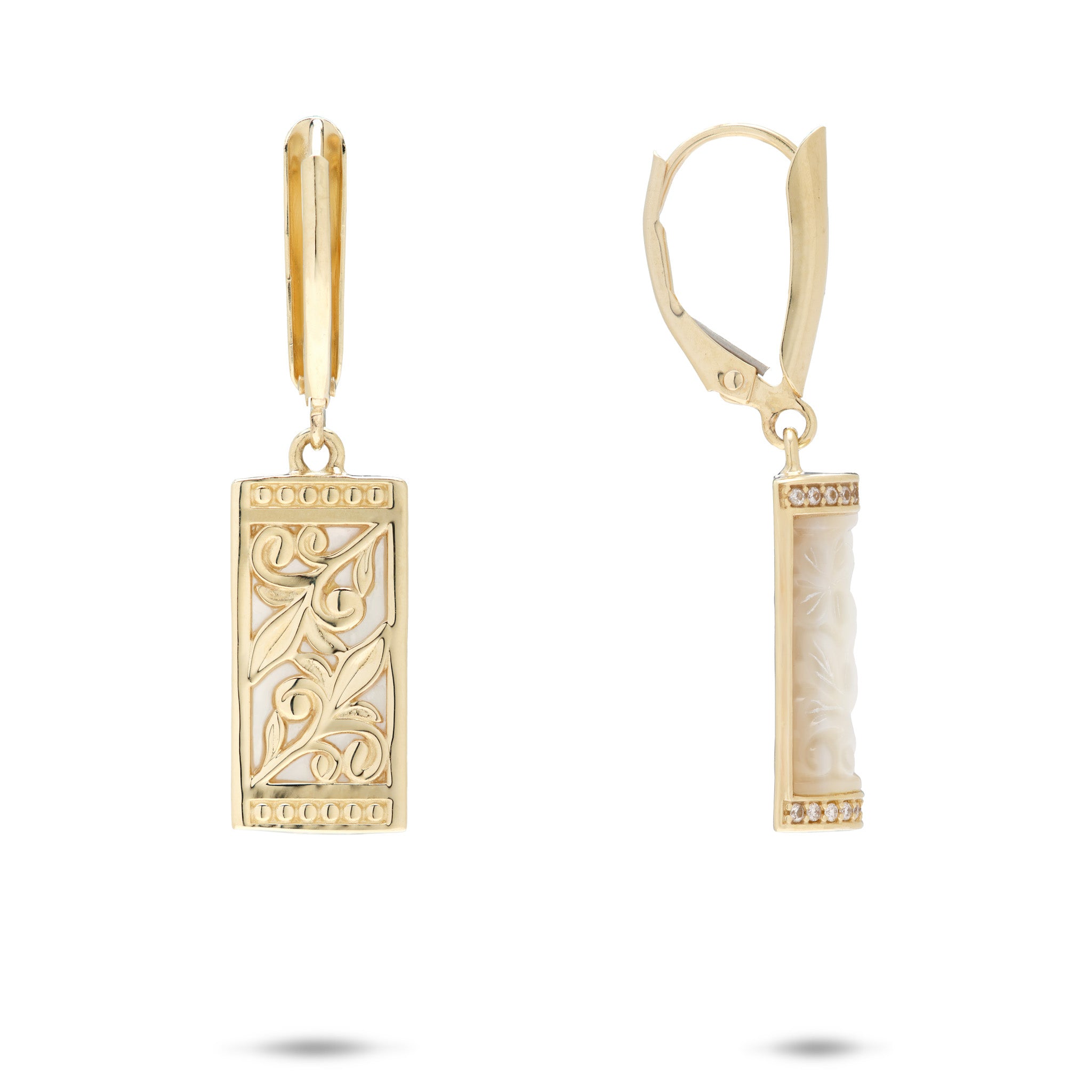 Hawaiian Heirloom Plumeria Mother of Pearl Earrings in Gold with Diamonds - 17mm