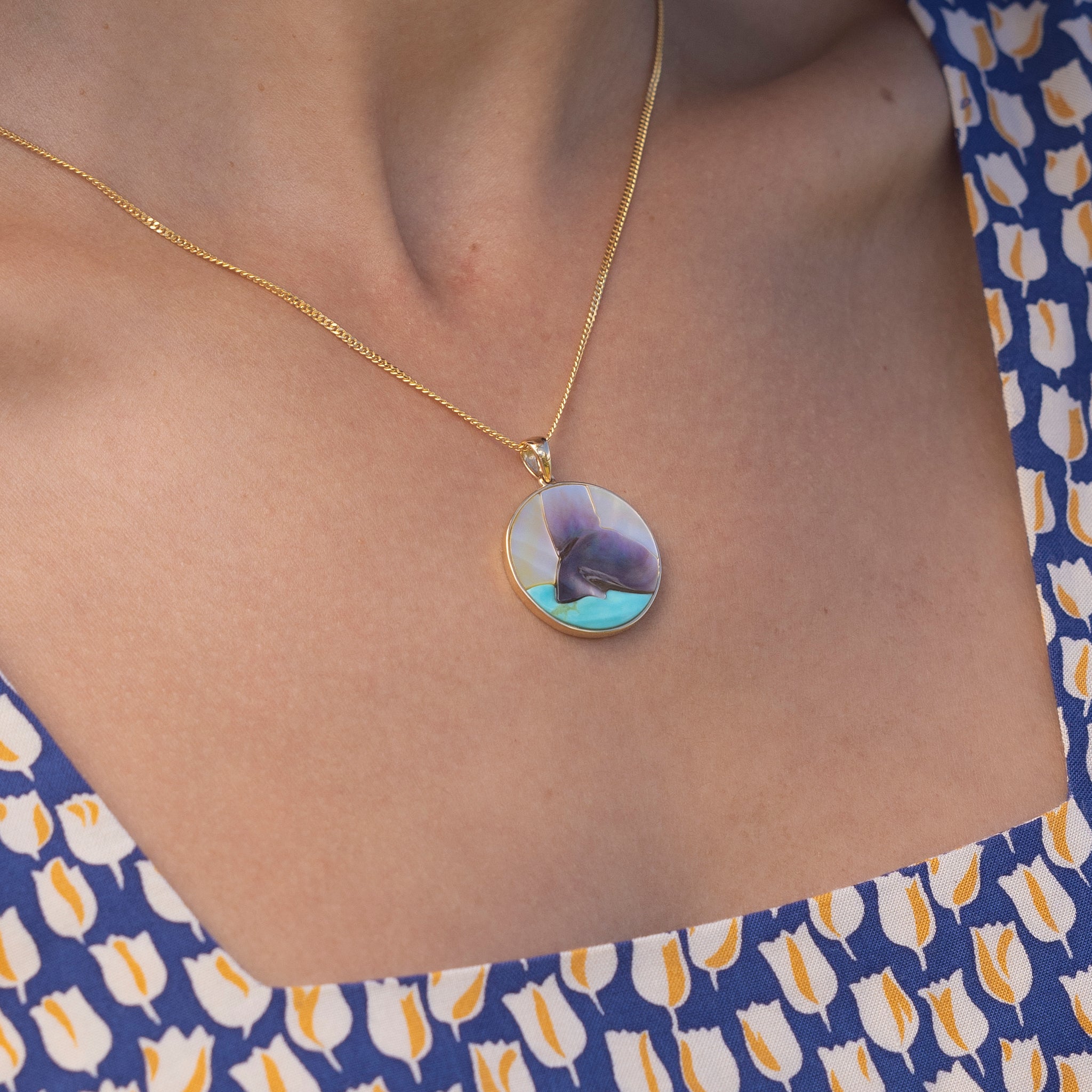Whale Tail Mother of Pearl & Turquoise Pendant in Gold - 22mm